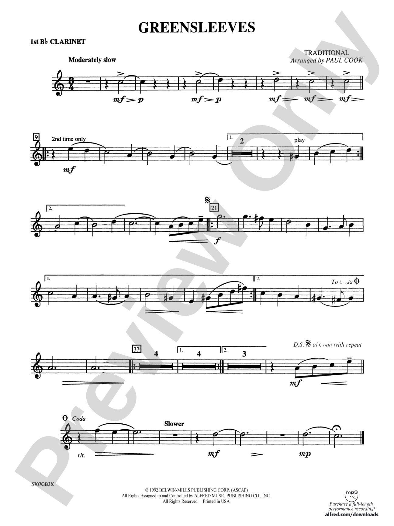 Greensleeves: 1st B-flat Clarinet