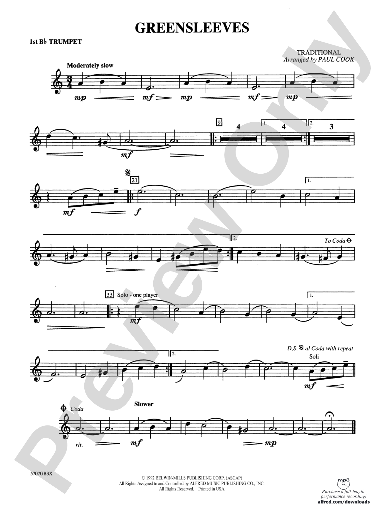 Greensleeves: 1st B-flat Trumpet