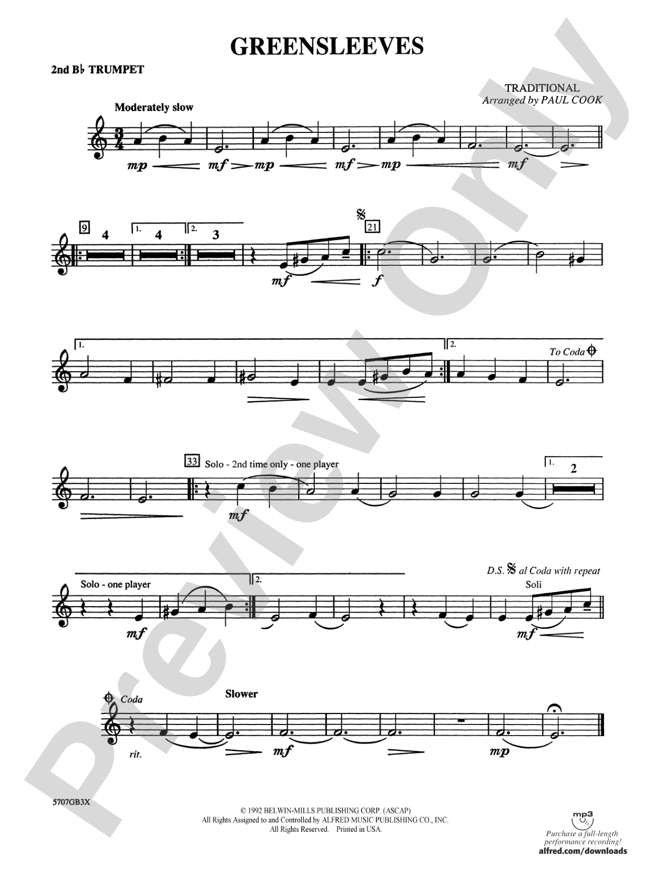Greensleeves: 2nd B-flat Trumpet