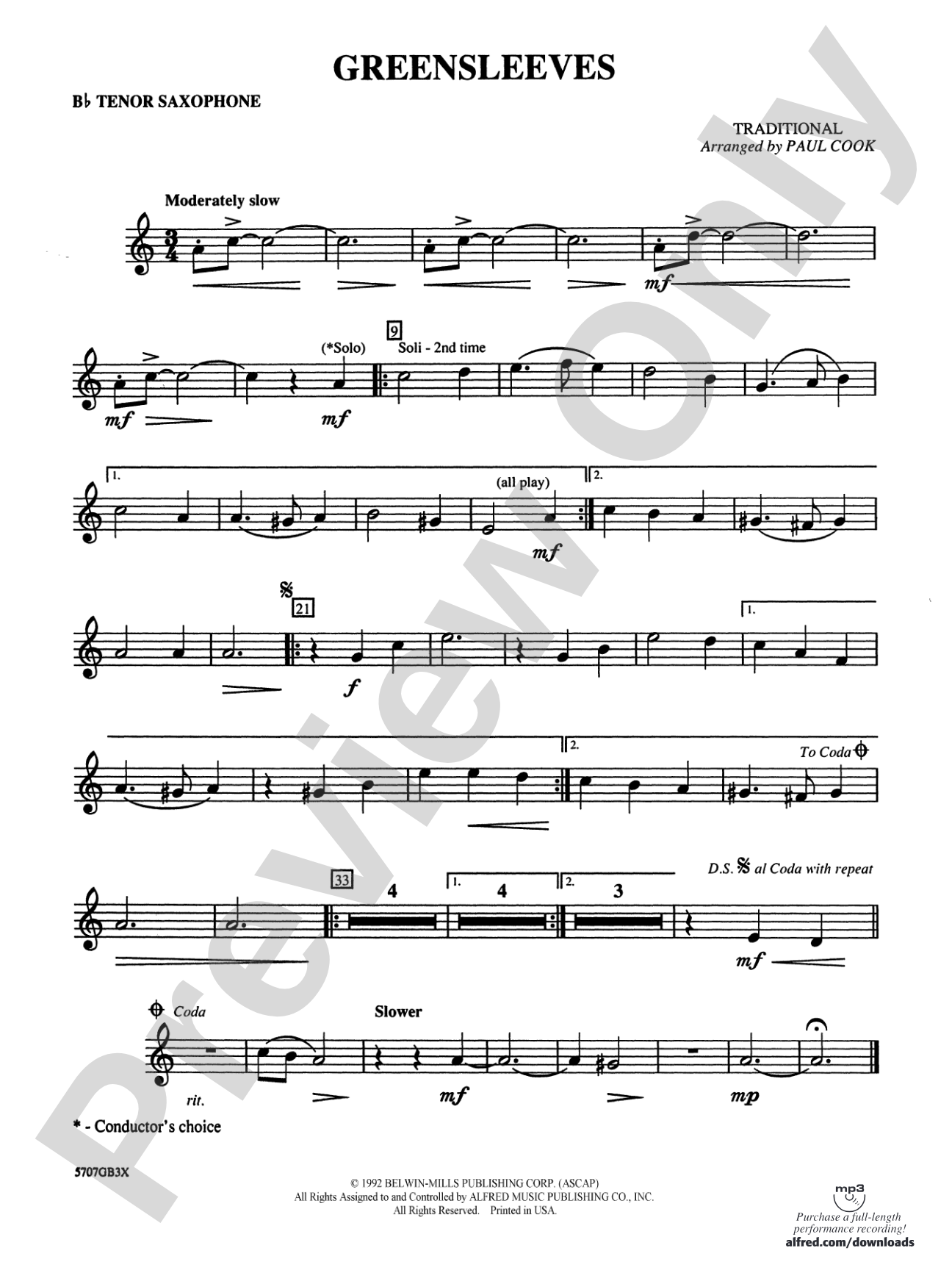 Greensleeves: B-flat Tenor Saxophone