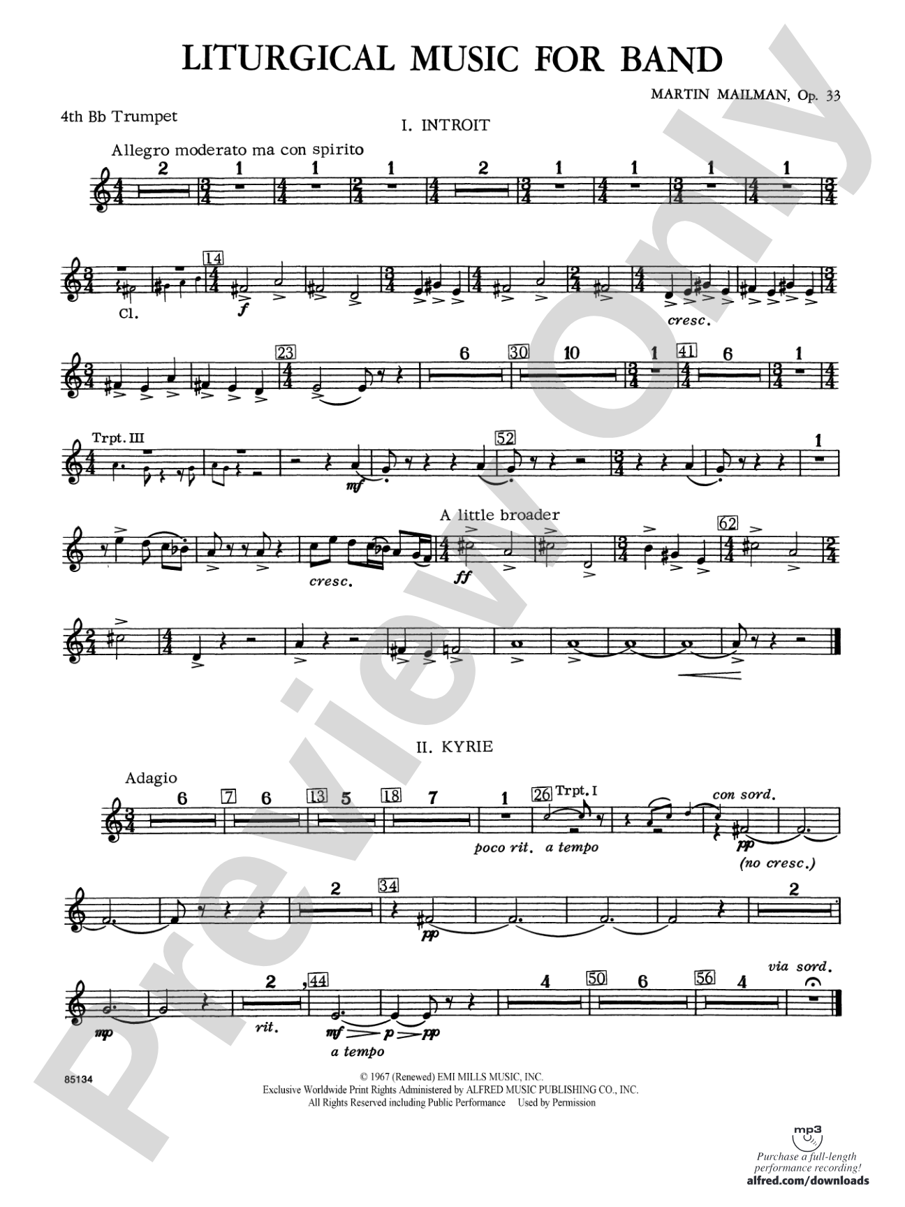 Liturgical Music for Band, Op. 33: 4th B-flat Trumpet