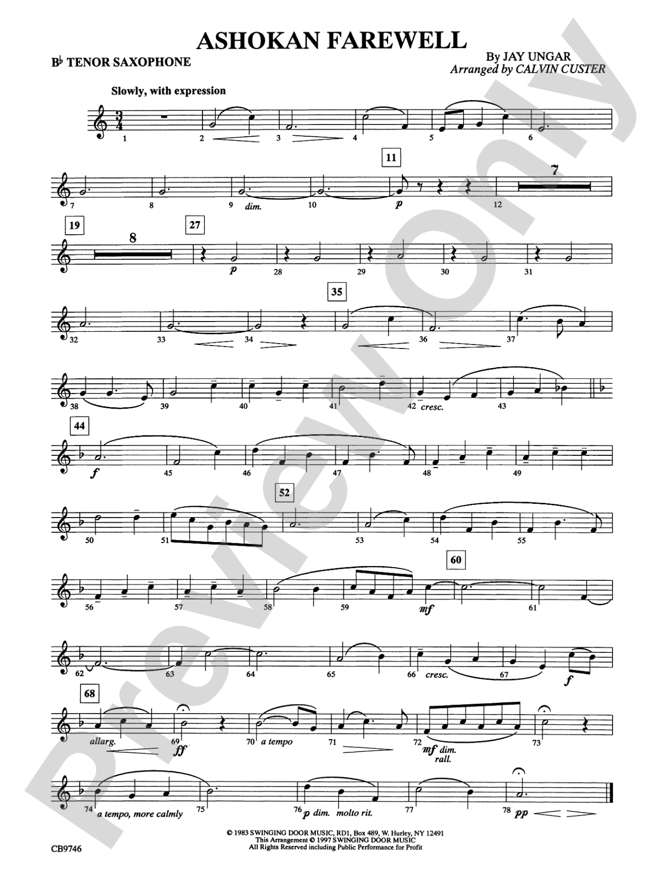 Ashokan Farewell (from The Civil War): B-flat Tenor Saxophone
