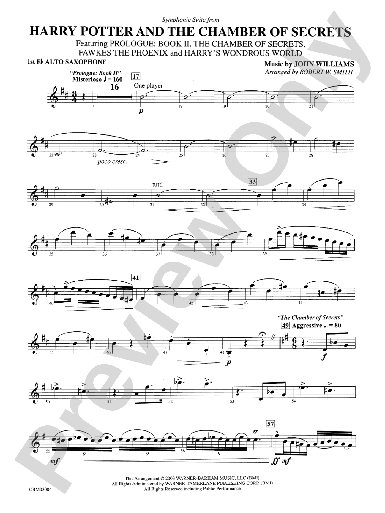 Harry Potter and the Chamber of Secrets, Symphonic Suite from: E-flat Alto Saxophone