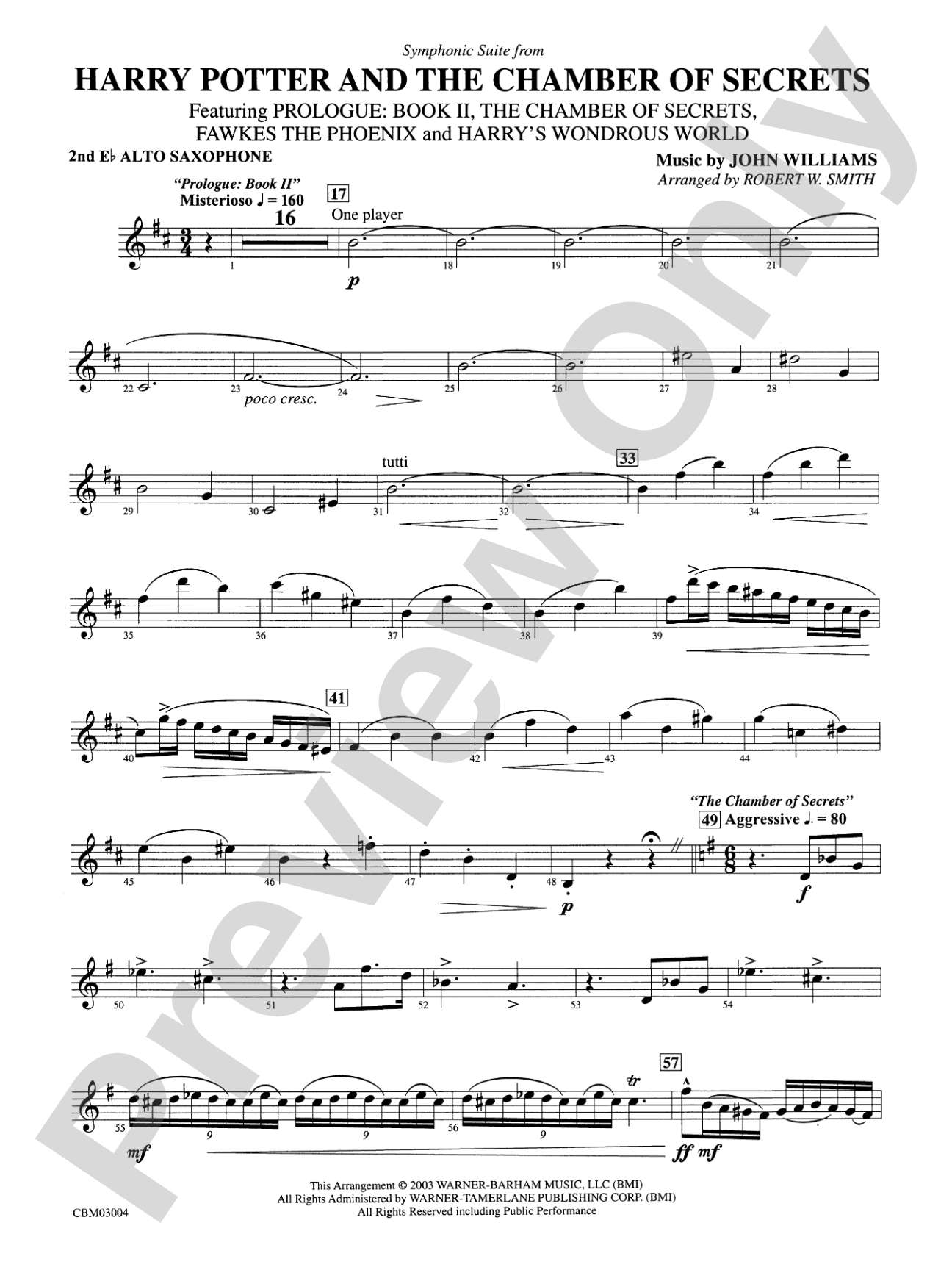 Harry Potter and the Chamber of Secrets, Symphonic Suite from: 2nd E-flat Alto Saxophone