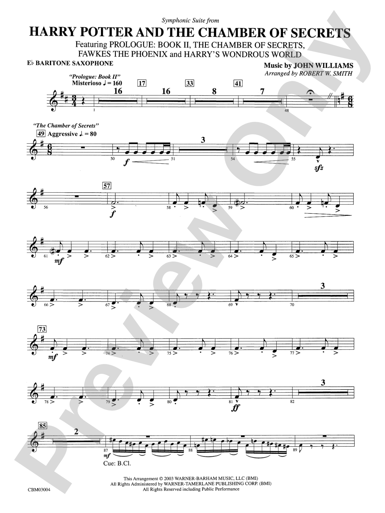 Harry Potter and the Chamber of Secrets, Symphonic Suite from: E-flat Baritone Saxophone