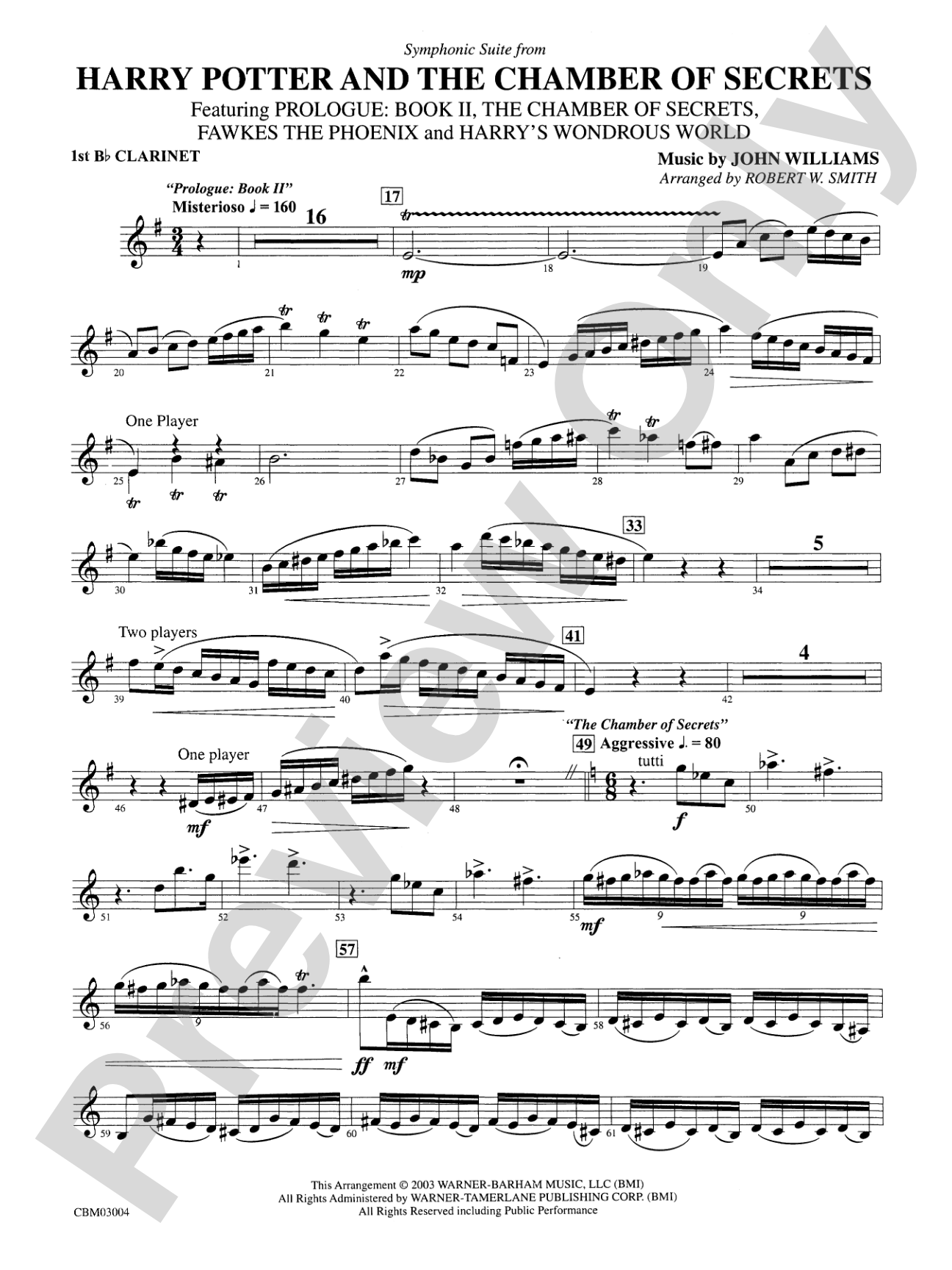 Harry Potter and the Chamber of Secrets, Symphonic Suite from: 1st B-flat Clarinet