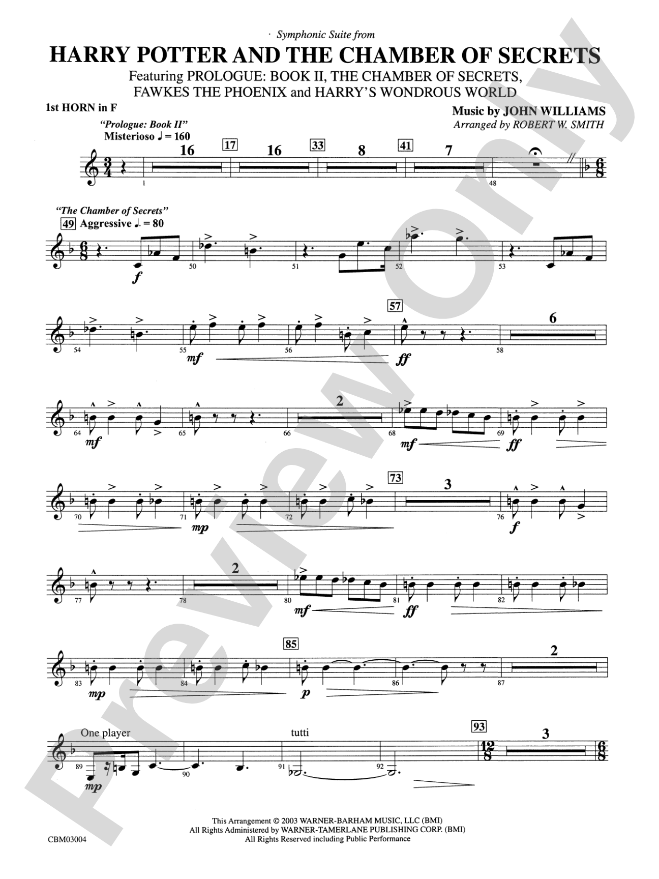 Harry Potter and the Chamber of Secrets, Symphonic Suite from: 1st F Horn