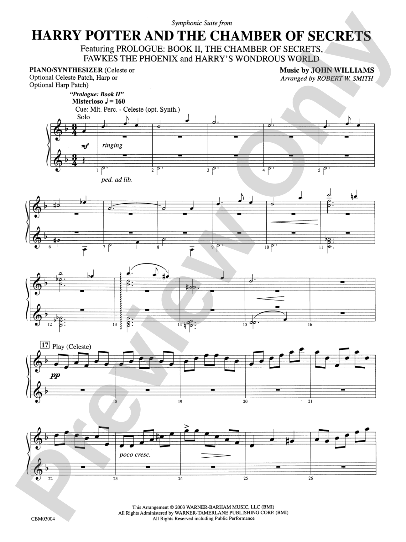 Harry Potter and the Chamber of Secrets, Symphonic Suite from: Piano Accompaniment