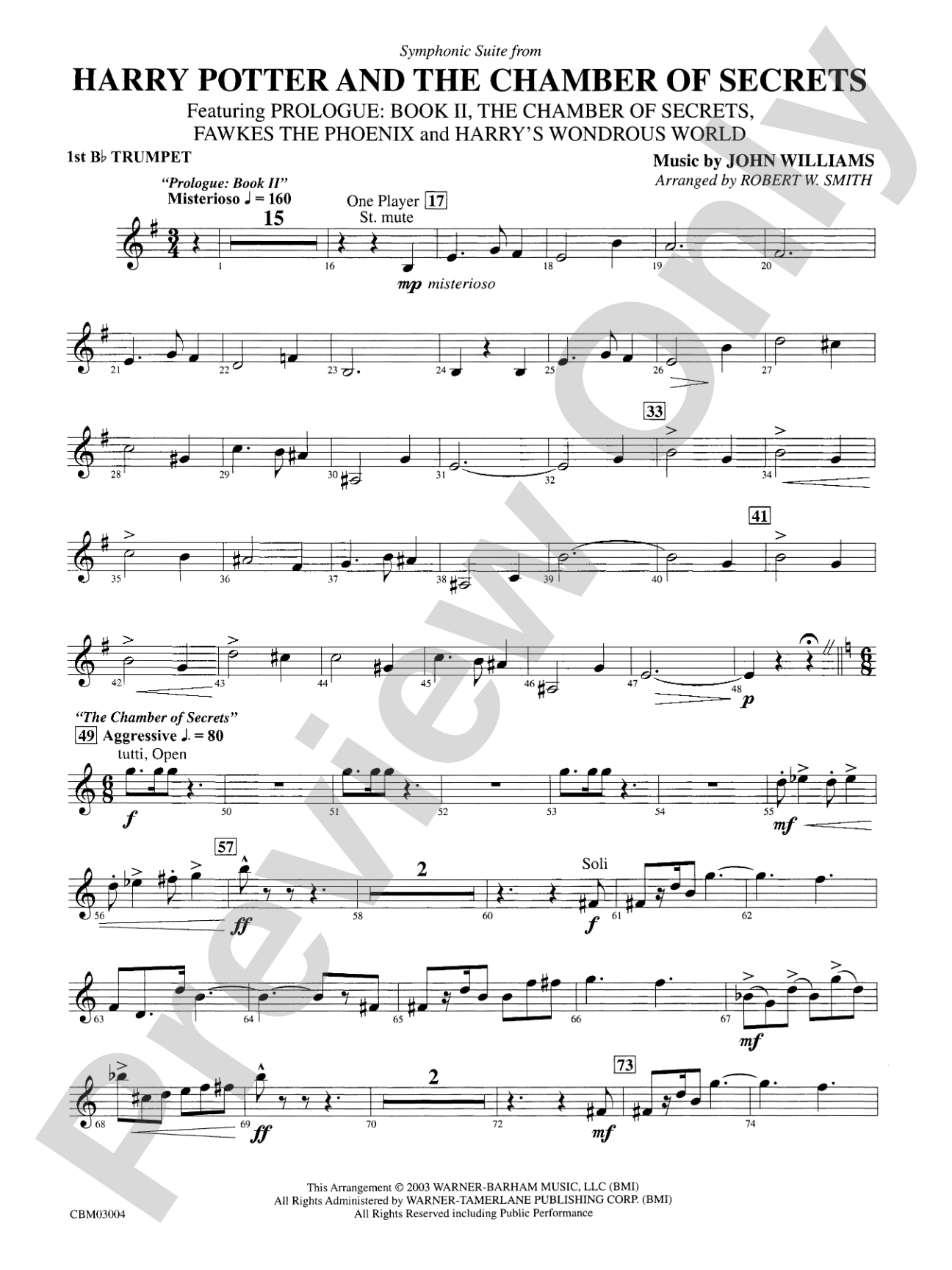 Harry Potter and the Chamber of Secrets, Symphonic Suite from: 1st B-flat Trumpet