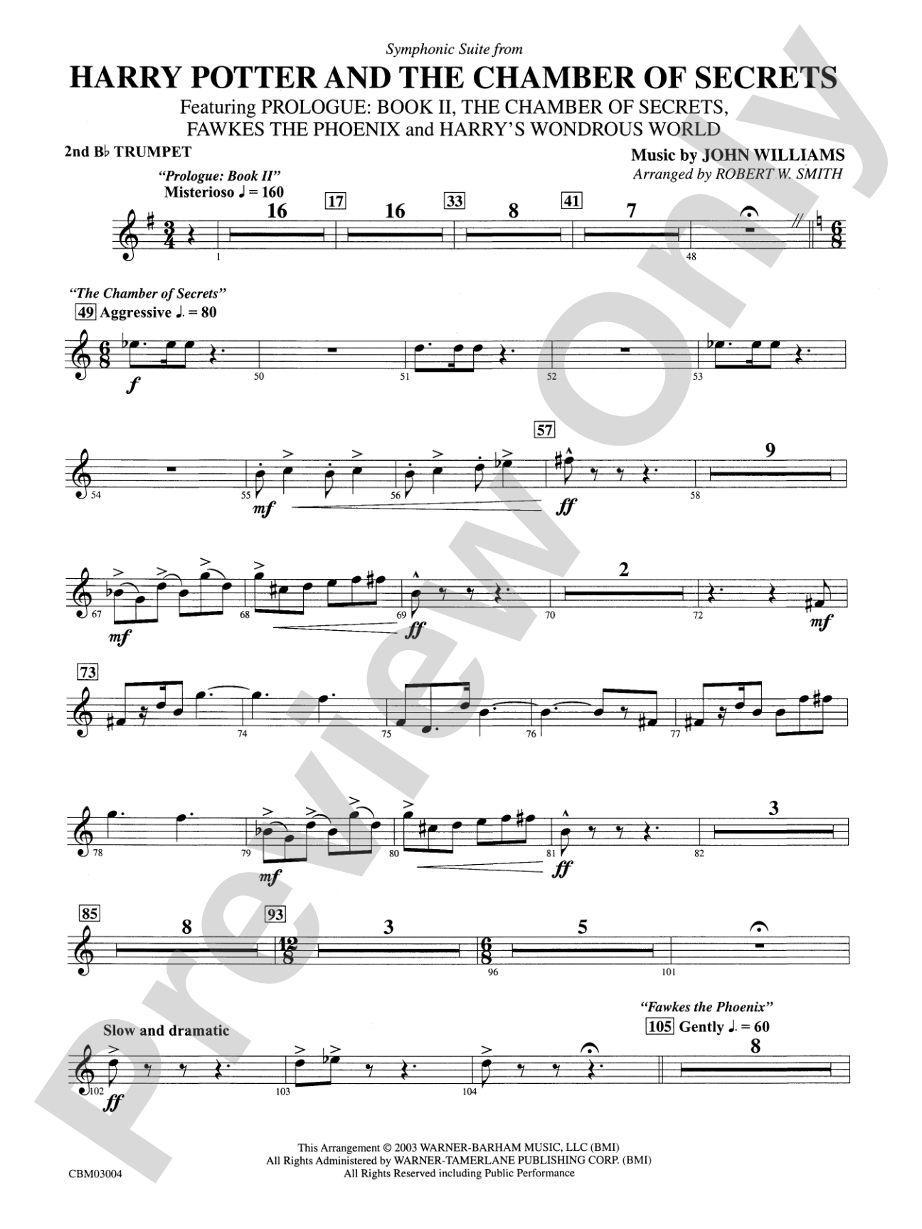 Harry Potter and the Chamber of Secrets, Symphonic Suite from: 2nd B-flat Trumpet