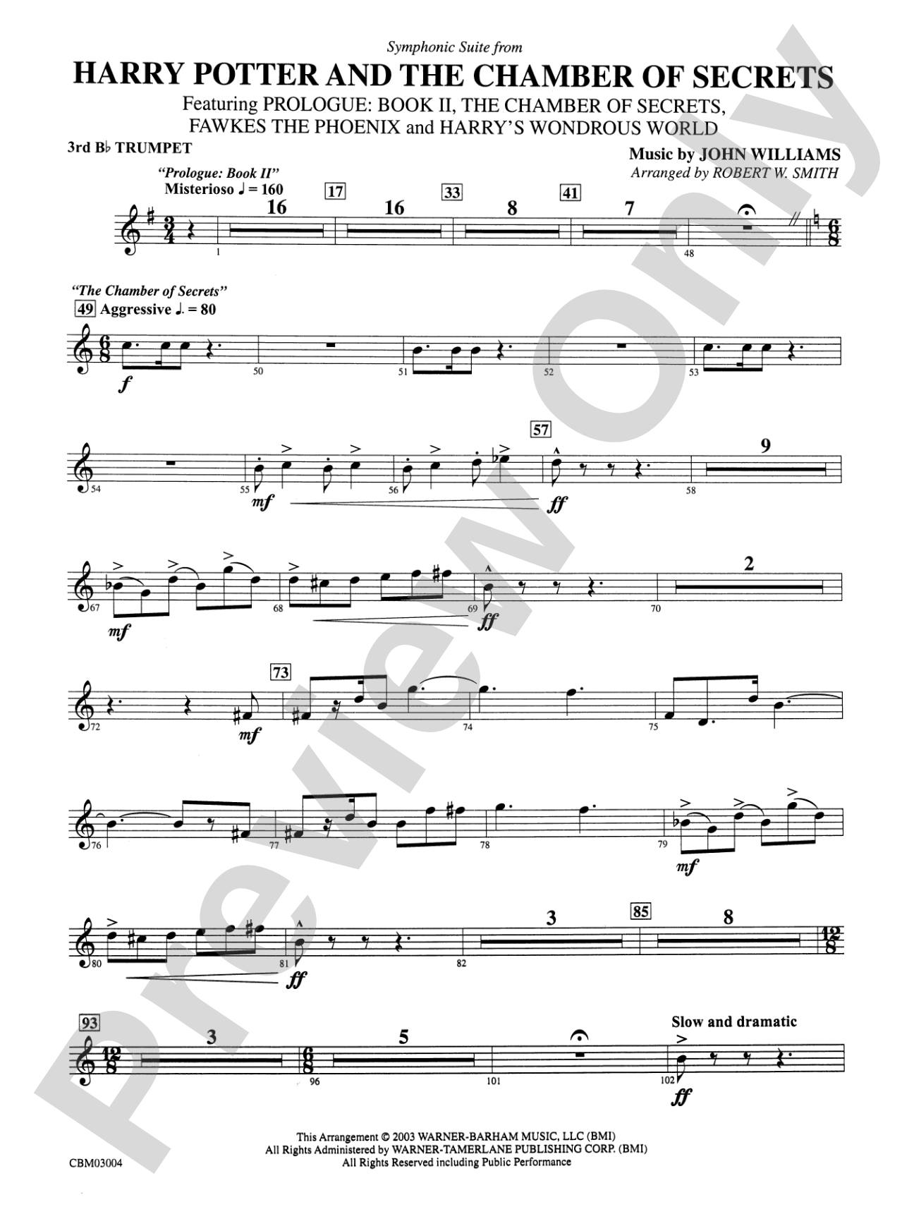 Harry Potter and the Chamber of Secrets, Symphonic Suite from: 3rd B-flat Trumpet