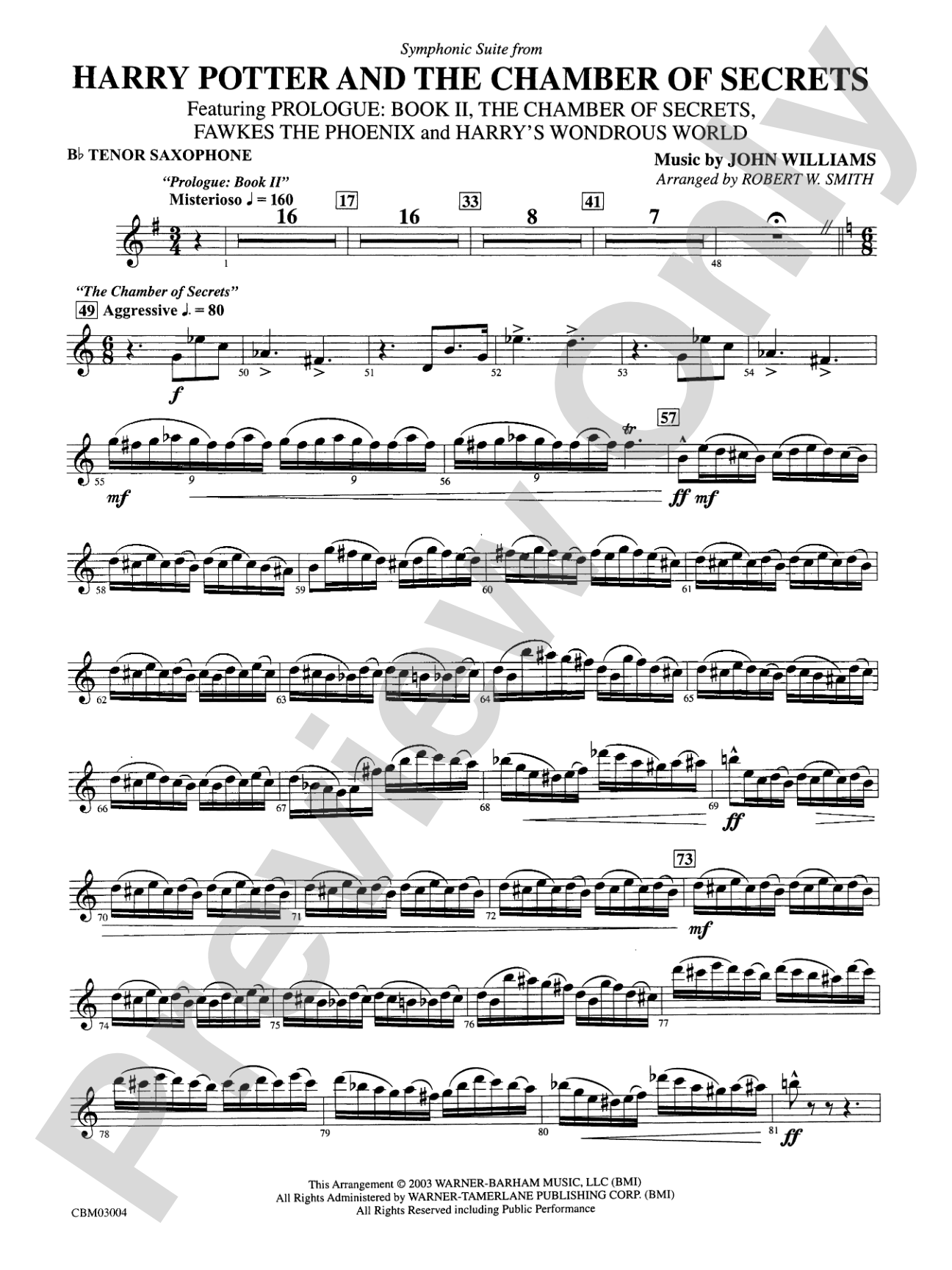 Harry Potter and the Chamber of Secrets, Symphonic Suite from: B-flat Tenor Saxophone