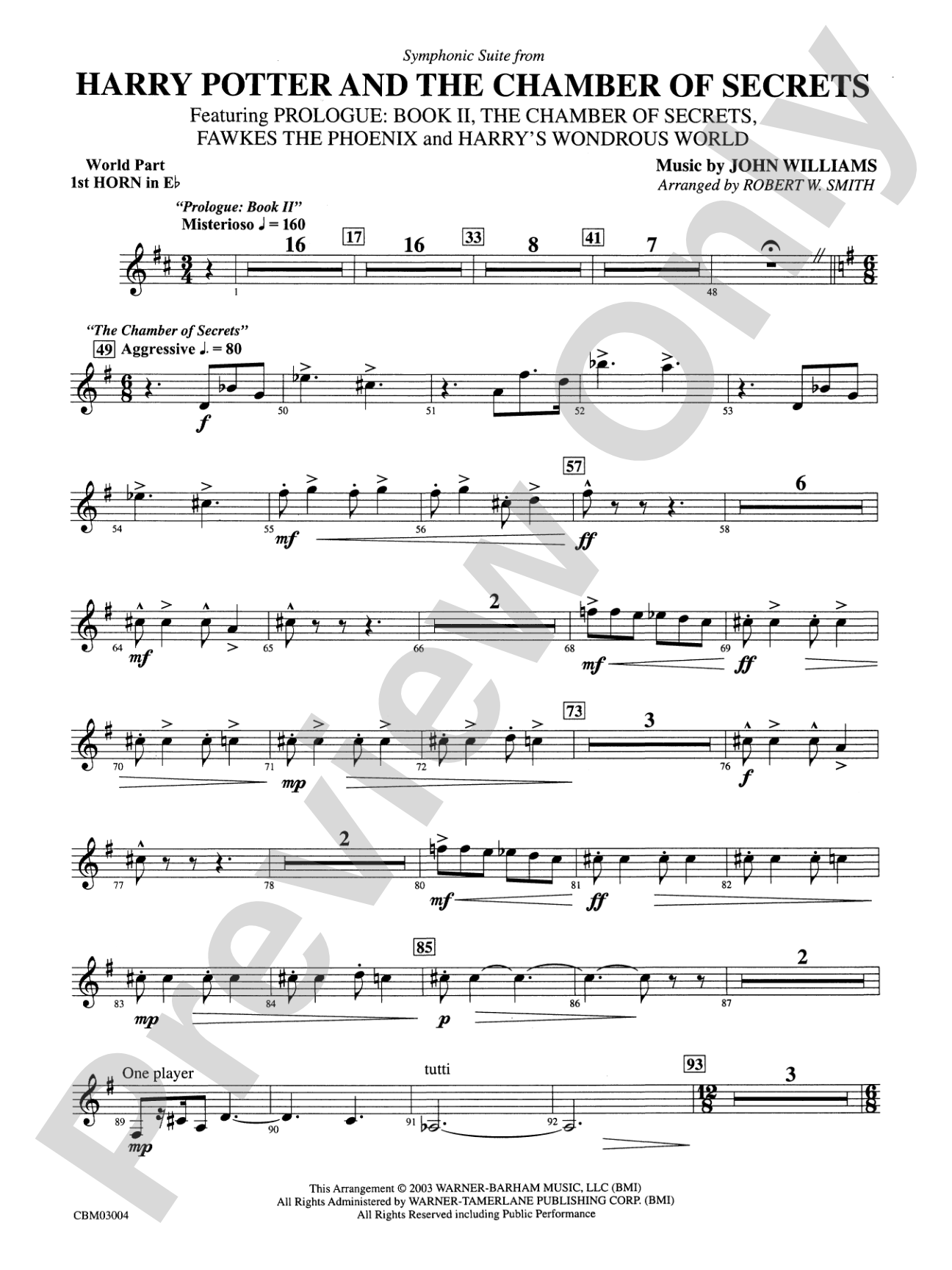 Harry Potter and the Chamber of Secrets, Symphonic Suite from: (wp) 1st Horn in E-flat