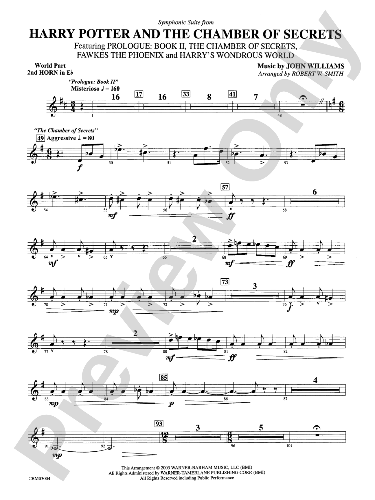 Harry Potter and the Chamber of Secrets, Symphonic Suite from: (wp) 2nd Horn in E-flat