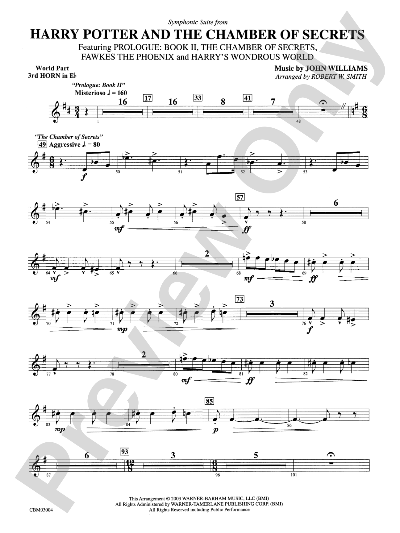 Harry Potter and the Chamber of Secrets, Symphonic Suite from: (wp) 3rd Horn in E-flat