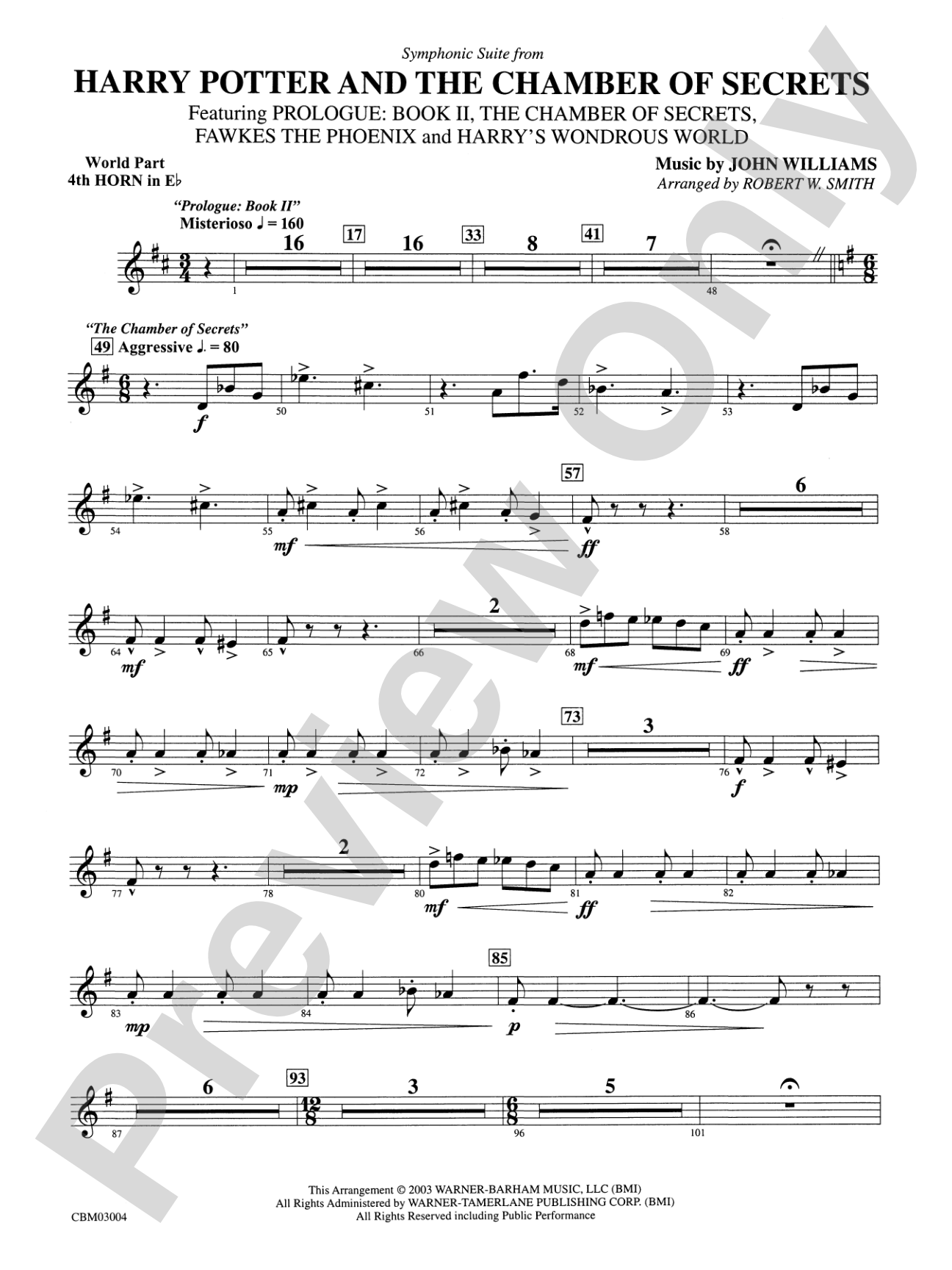 Harry Potter and the Chamber of Secrets, Symphonic Suite from: (wp) 4th Horn in E-flat