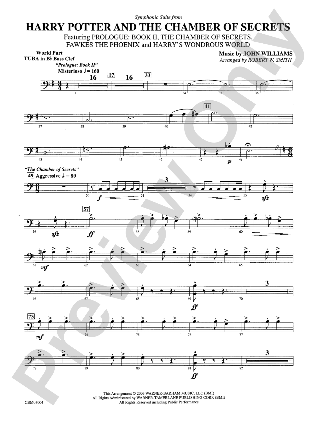 Harry Potter and the Chamber of Secrets, Symphonic Suite from: (wp) B-flat Tuba B.C.