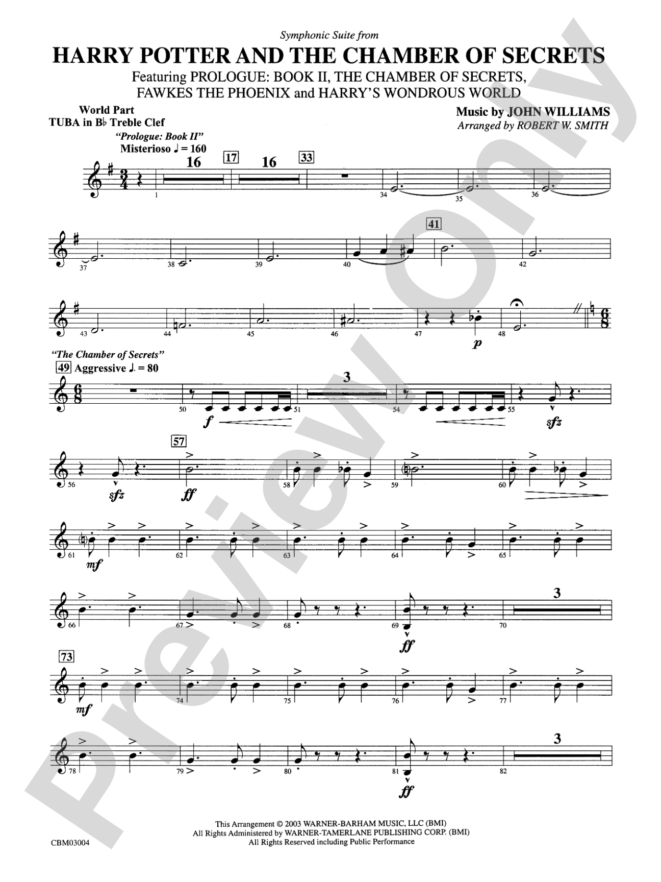 Harry Potter and the Chamber of Secrets, Symphonic Suite from: (wp) B-flat Tuba T.C.