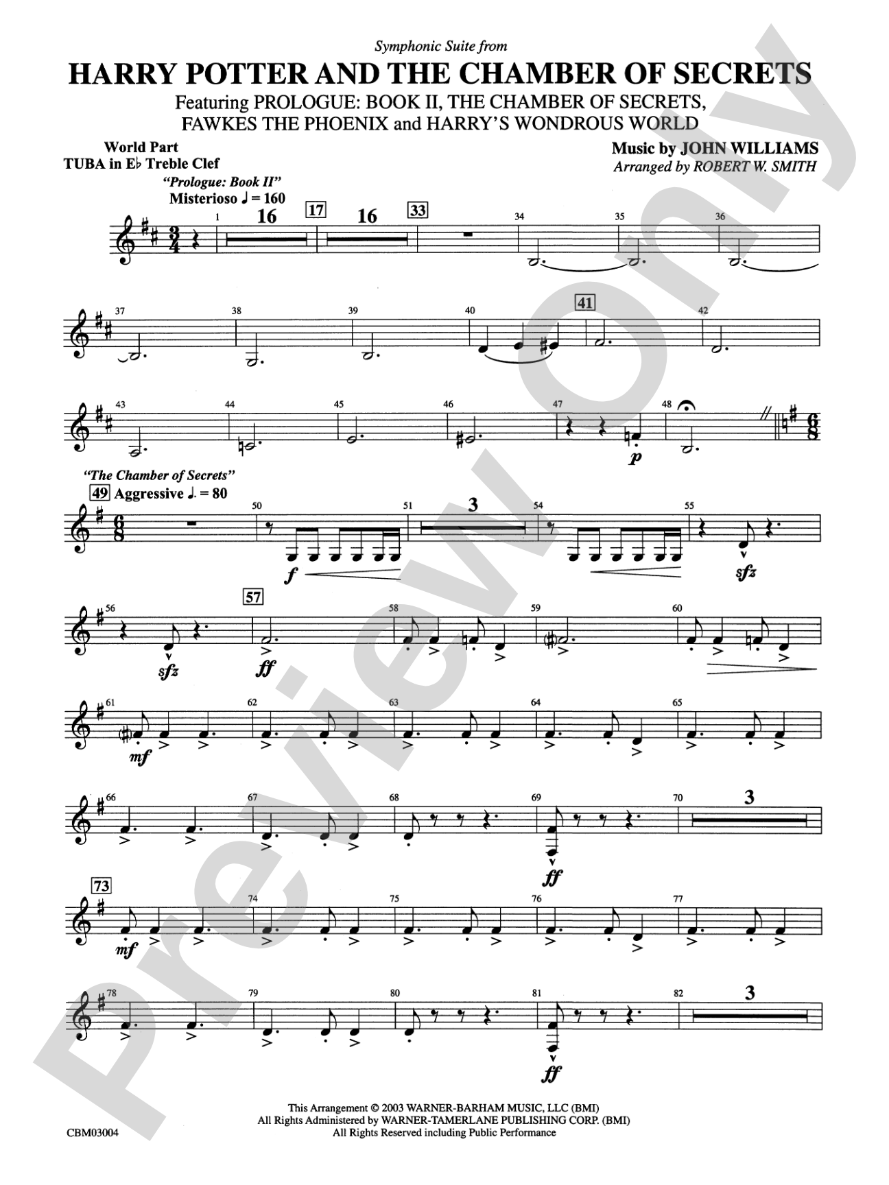 Harry Potter and the Chamber of Secrets, Symphonic Suite from: (wp) E-flat Tuba T.C.