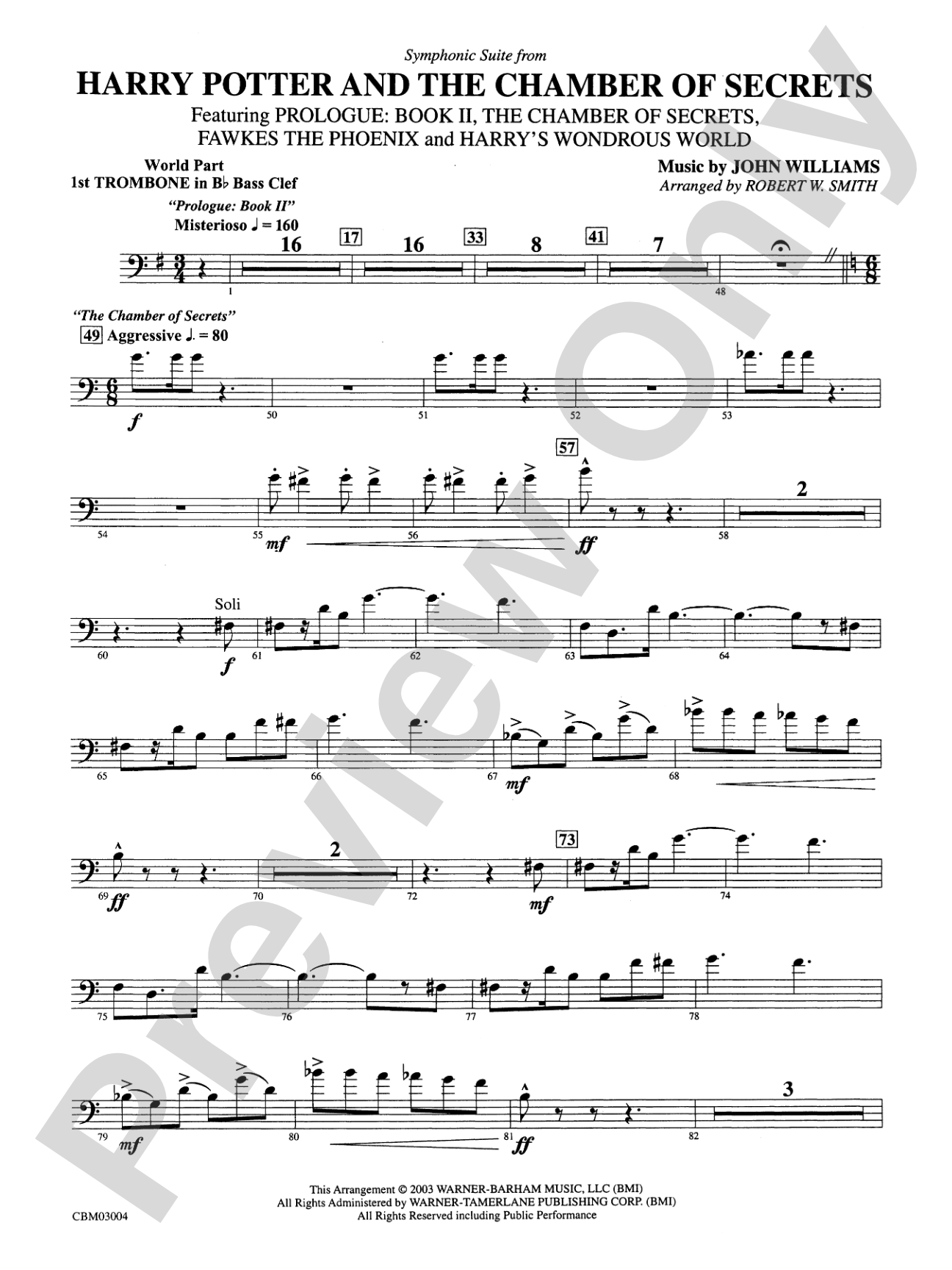 Harry Potter and the Chamber of Secrets, Symphonic Suite from: (wp) 1st B-flat Trombone B.C.