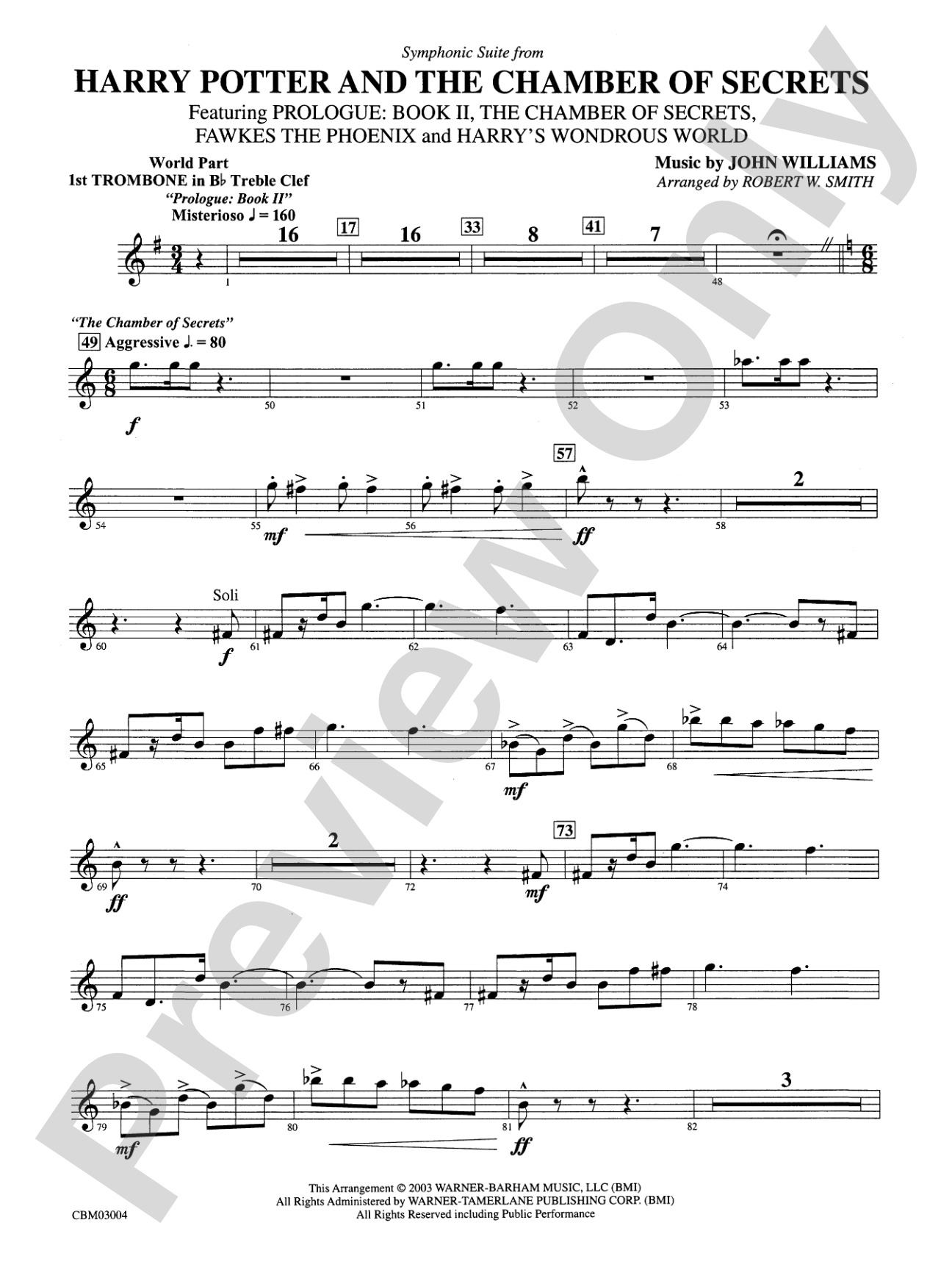 Harry Potter and the Chamber of Secrets, Symphonic Suite from: (wp) 1st B-flat Trombone T.C.
