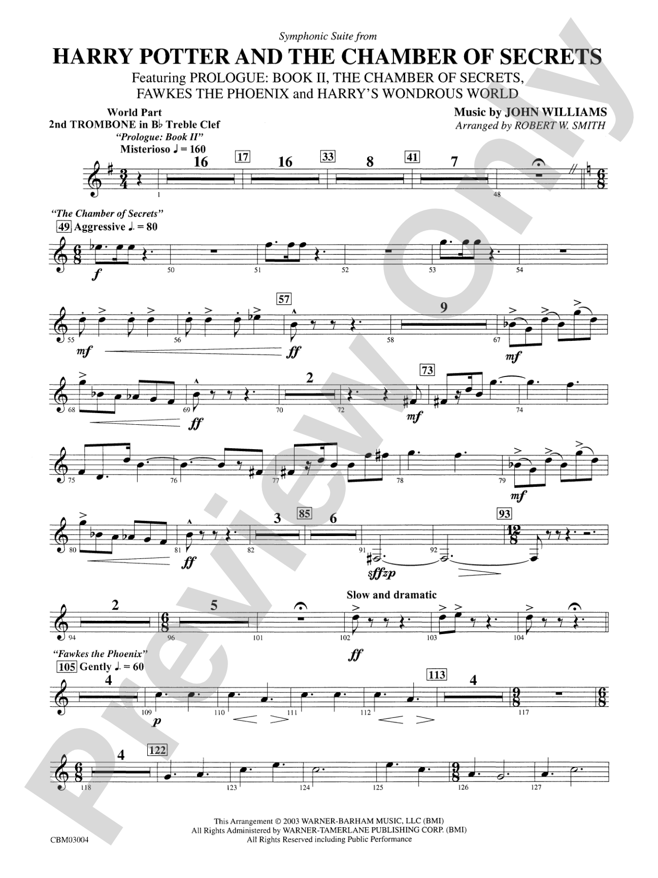 Harry Potter and the Chamber of Secrets, Symphonic Suite from: (wp) 2nd B-flat Trombone T.C.