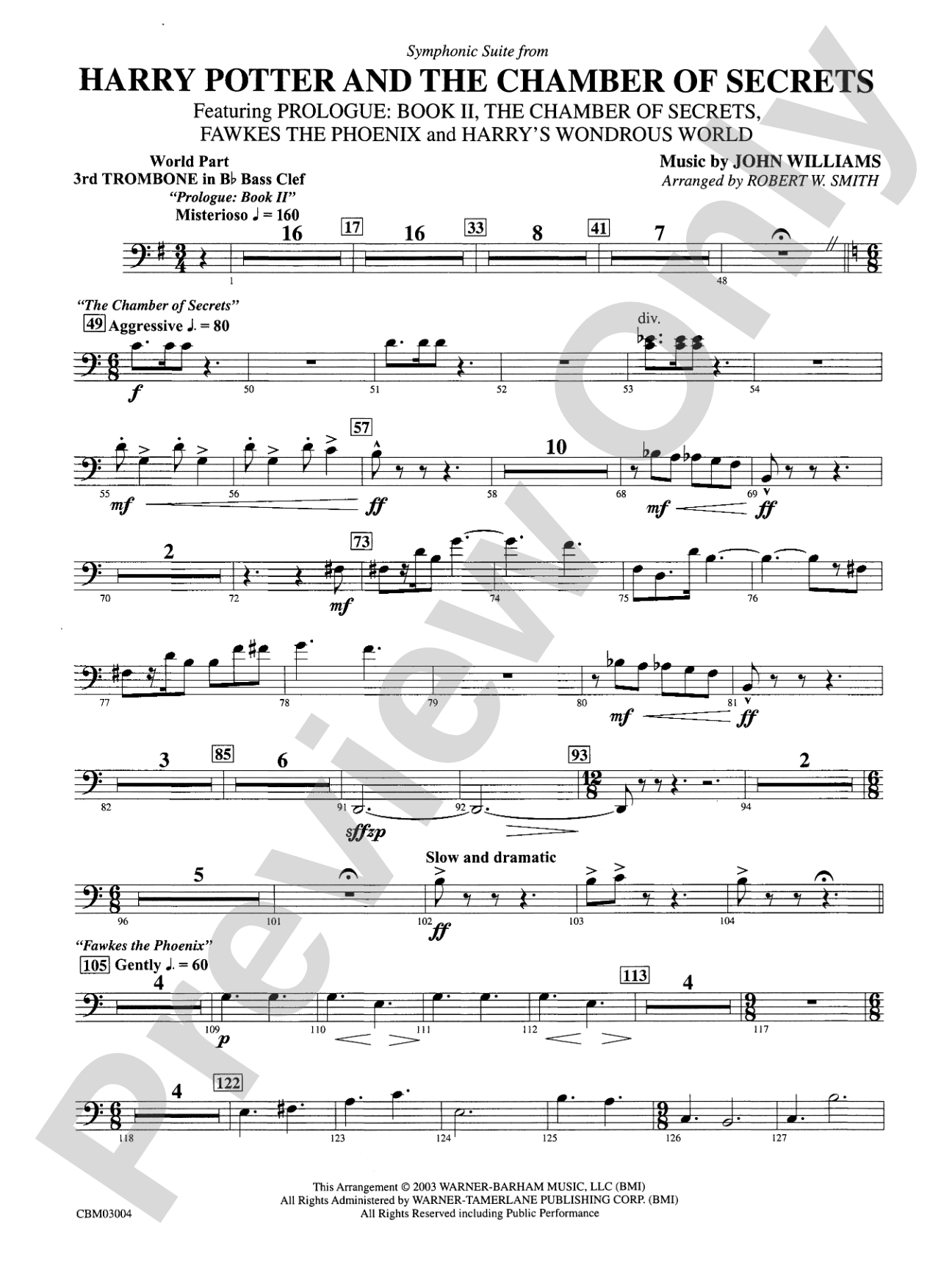 Harry Potter and the Chamber of Secrets, Symphonic Suite from: (wp) 3rd B-flat Trombone B.C.