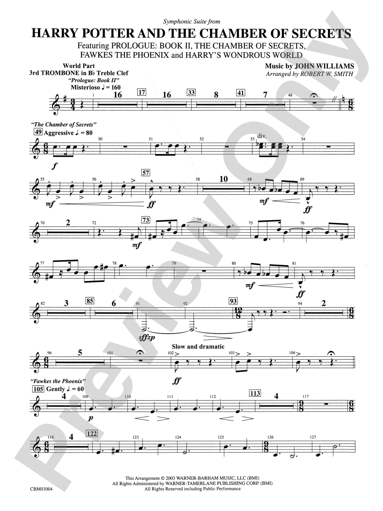 Harry Potter and the Chamber of Secrets, Symphonic Suite from: (wp) 3rd B-flat Trombone T.C.