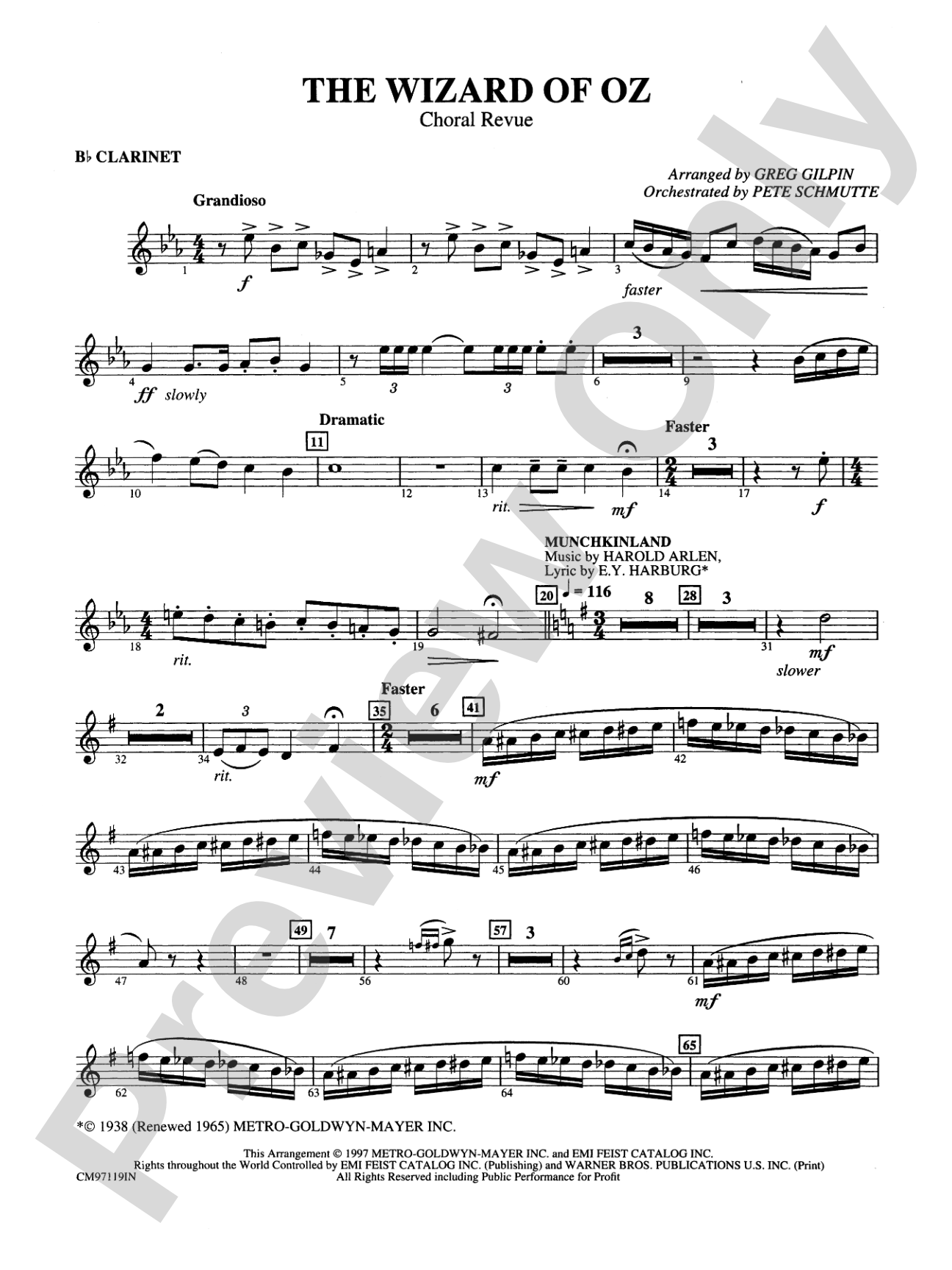 The Wizard of Oz -- Choral Revue: 1st B-flat Clarinet: Choral Octavo Orchestration - Set of Parts