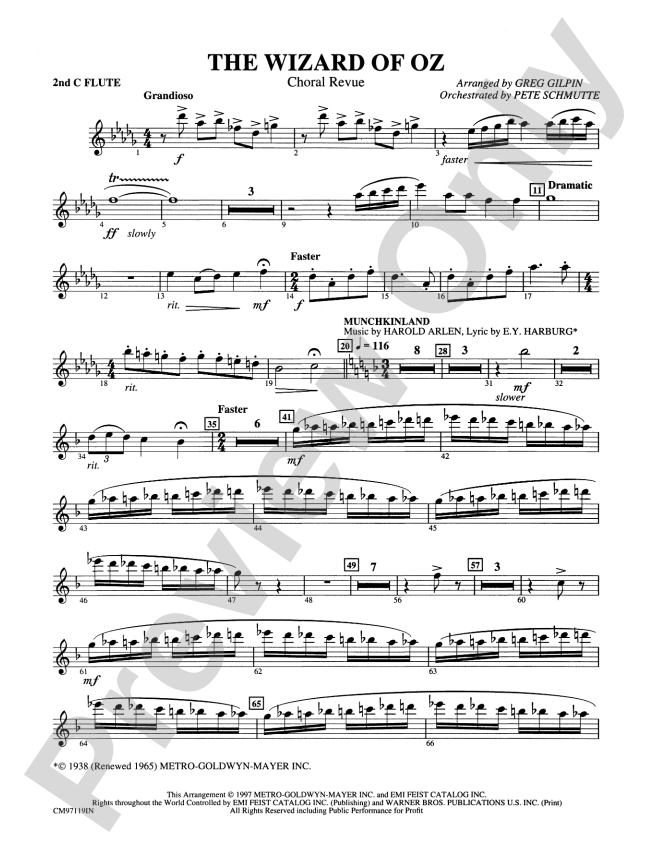 The Wizard of Oz -- Choral Revue: 2nd Flute: Choral Octavo Orchestration - Set of Parts