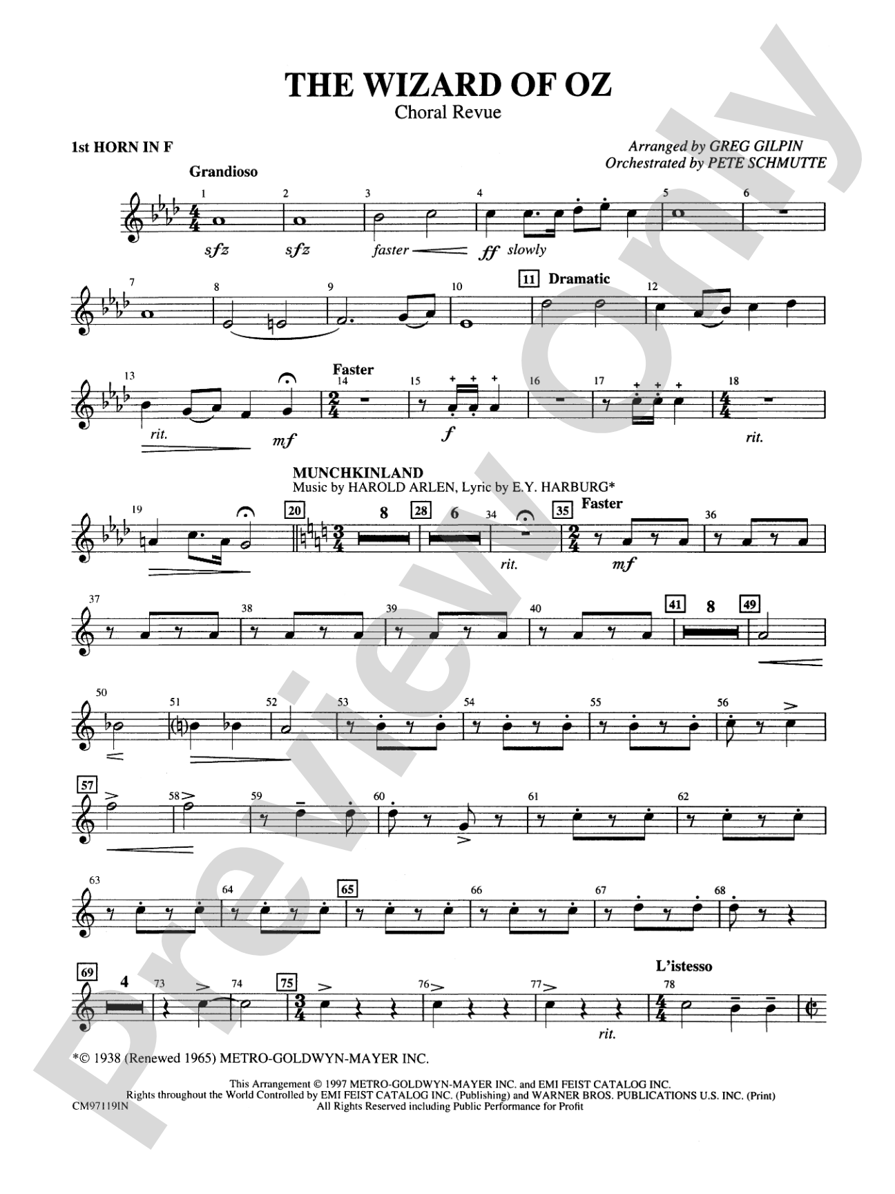 The Wizard of Oz -- Choral Revue: 1st F Horn: Choral Octavo Orchestration - Set of Parts