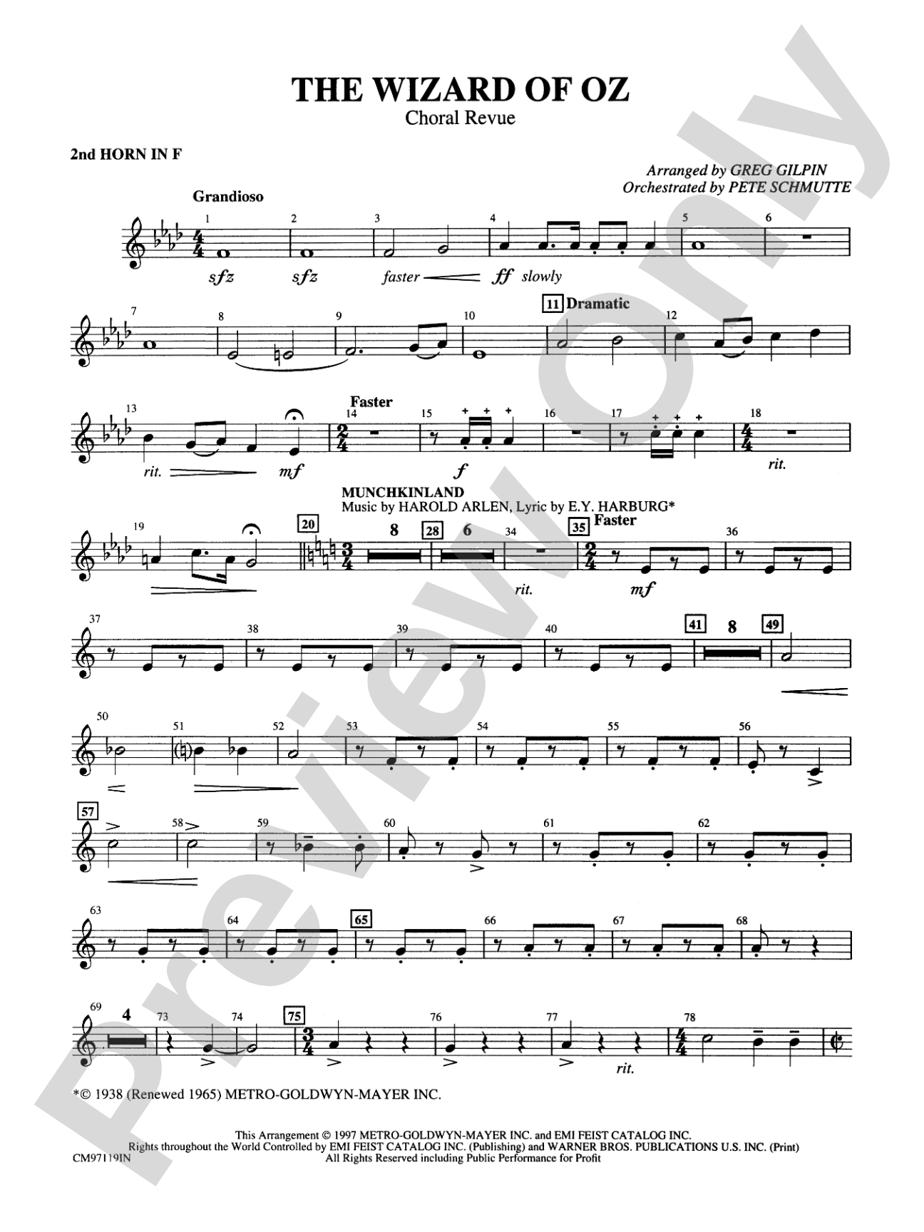 The Wizard of Oz -- Choral Revue: 2nd F Horn: Choral Octavo Orchestration - Set of Parts