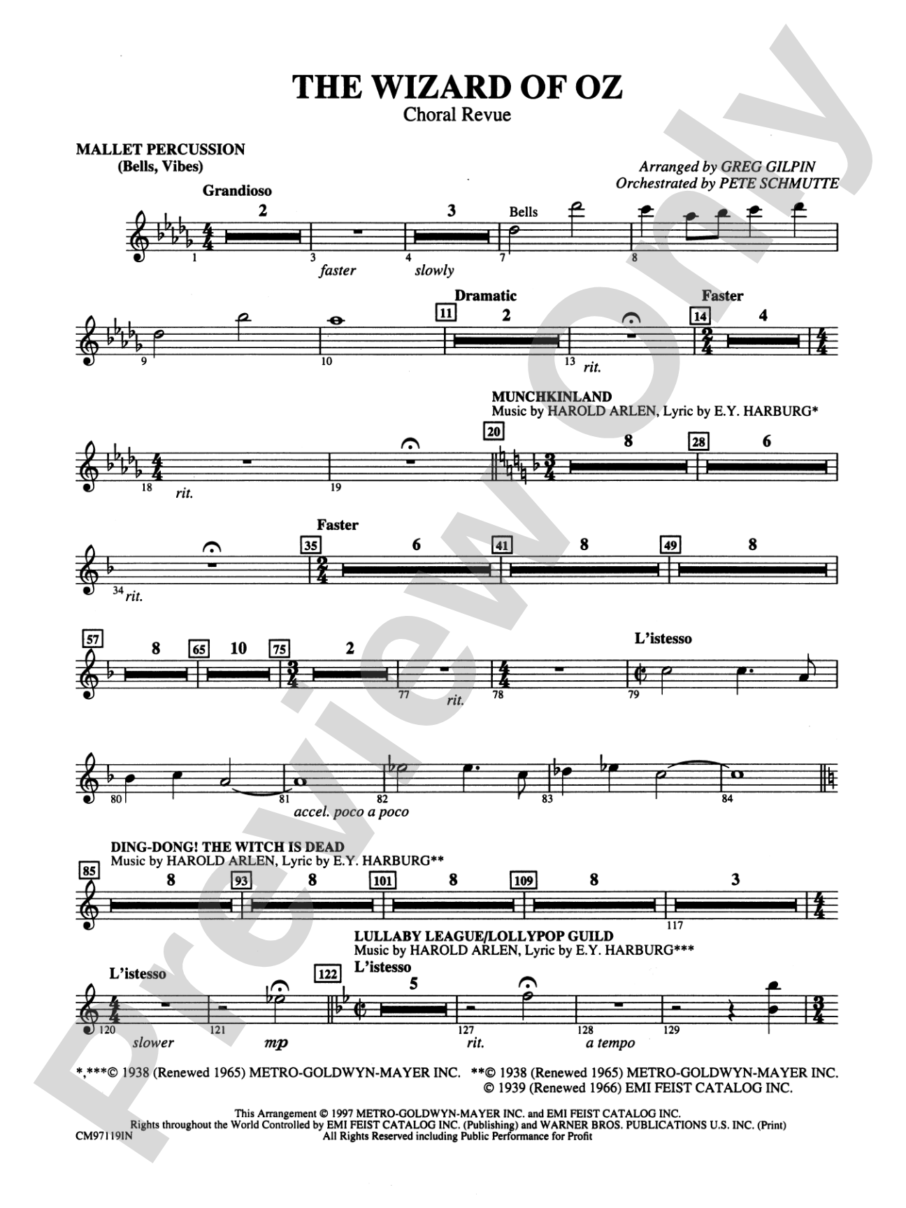 The Wizard of Oz -- Choral Revue: Mallets: Choral Octavo Orchestration - Set of Parts
