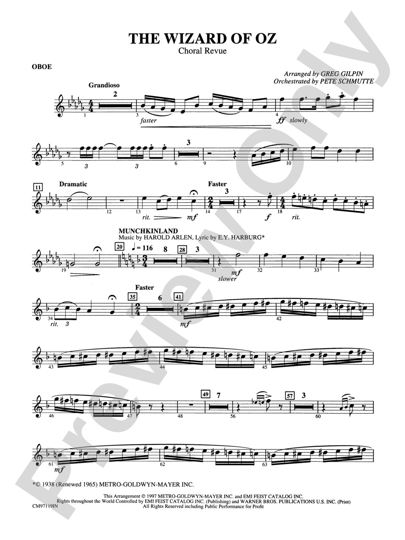 The Wizard of Oz -- Choral Revue: Oboe: Choral Octavo Orchestration - Set of Parts
