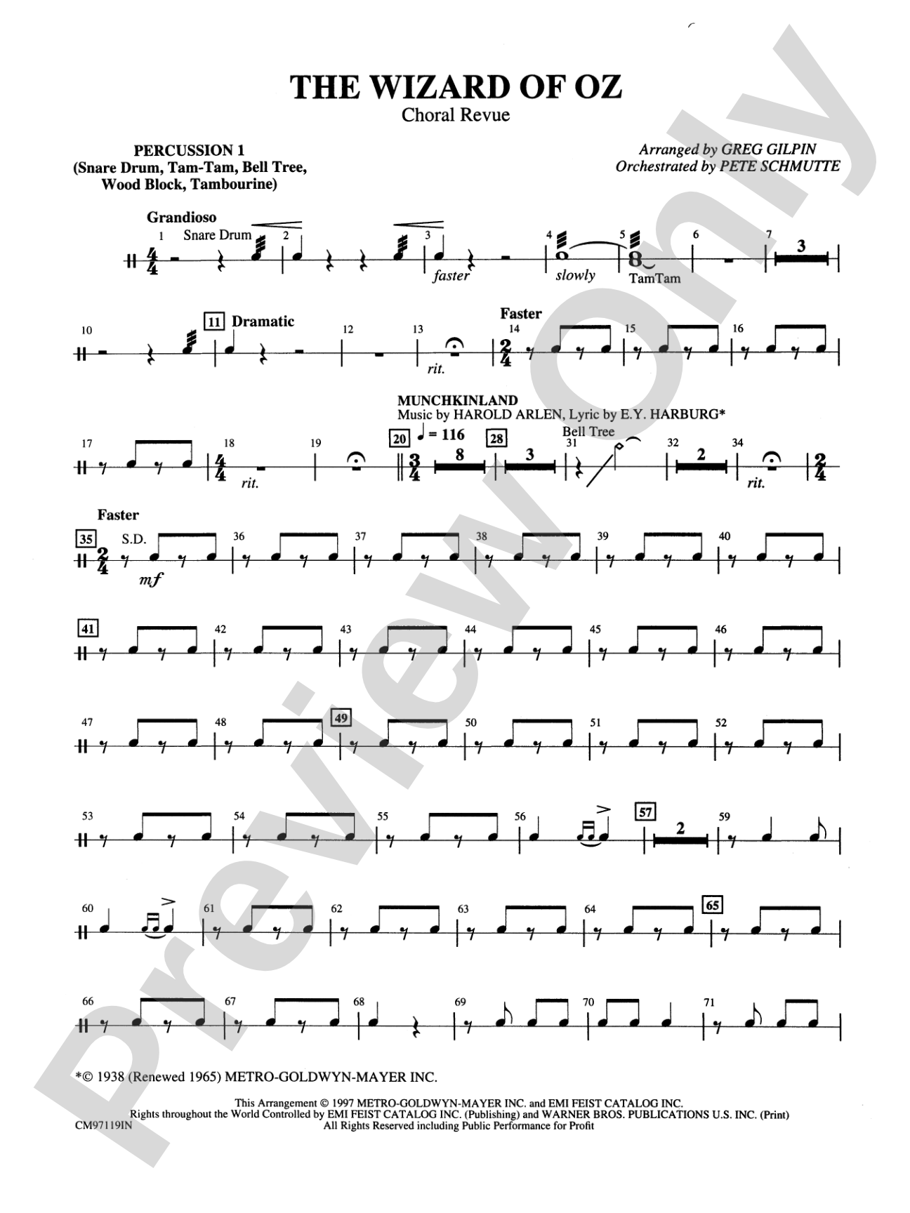 The Wizard of Oz -- Choral Revue: 1st Percussion: Choral Octavo Orchestration - Set of Parts