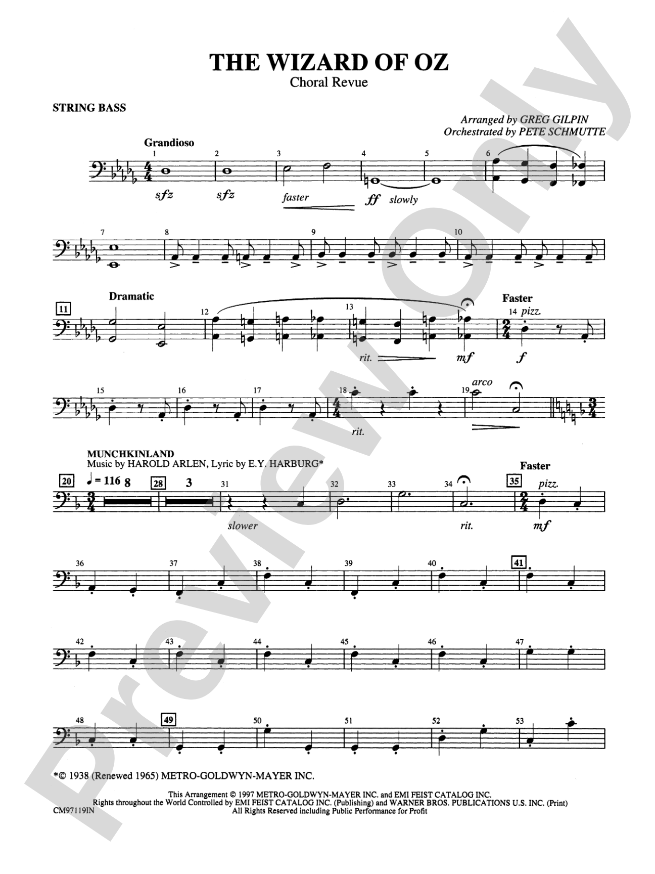 The Wizard of Oz -- Choral Revue: String Bass: Choral Octavo Orchestration - Set of Parts