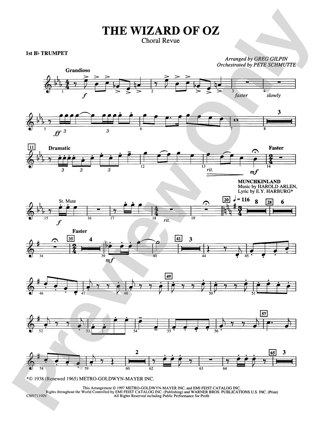 The Wizard of Oz -- Choral Revue: 1st B-flat Trumpet: Choral Octavo Orchestration - Set of Parts