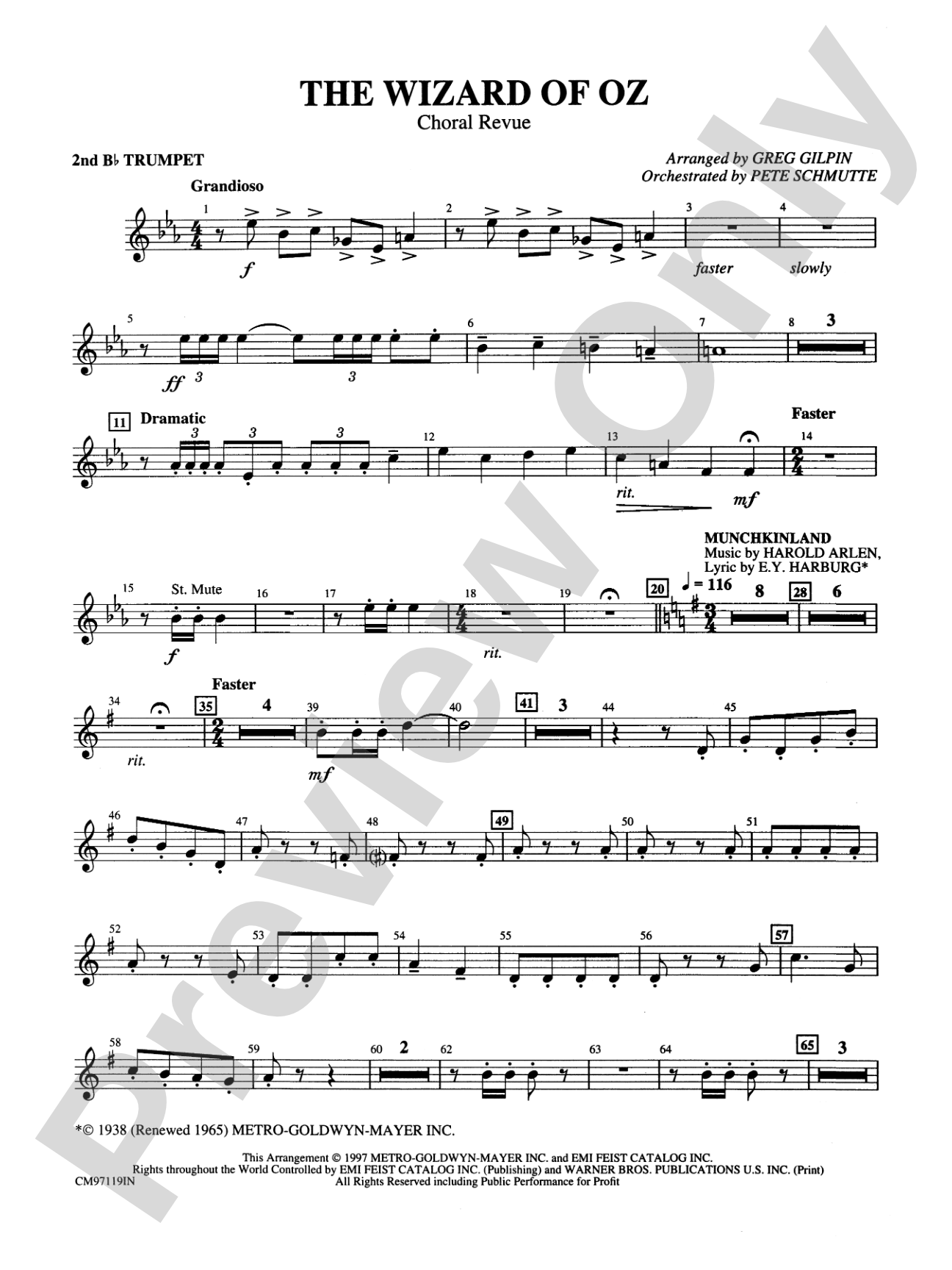 The Wizard of Oz -- Choral Revue: 2nd B-flat Trumpet: Choral Octavo Orchestration - Set of Parts