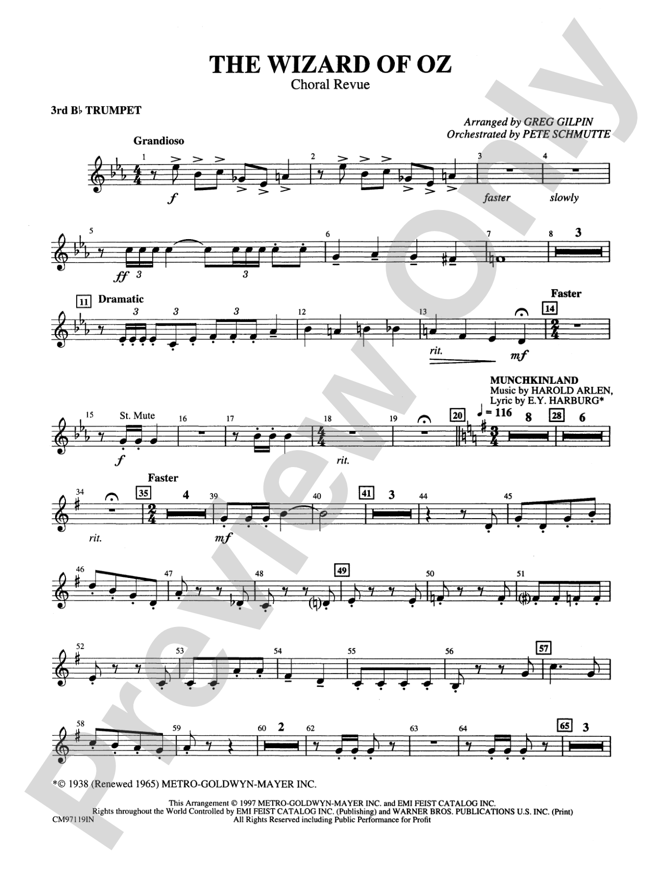 The Wizard of Oz -- Choral Revue: 3rd B-flat Trumpet: Choral Octavo Orchestration - Set of Parts