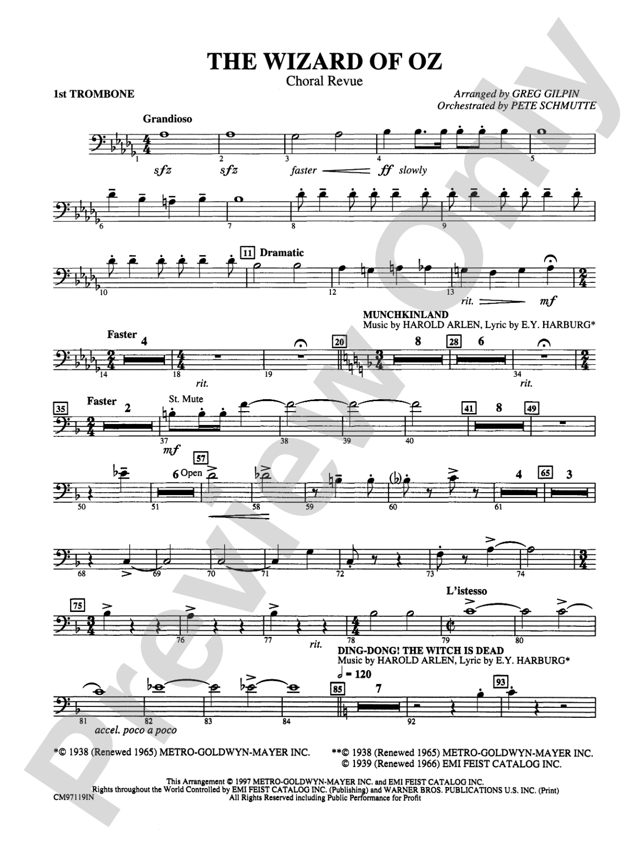 The Wizard of Oz -- Choral Revue: 1st Trombone: Choral Octavo Orchestration - Set of Parts