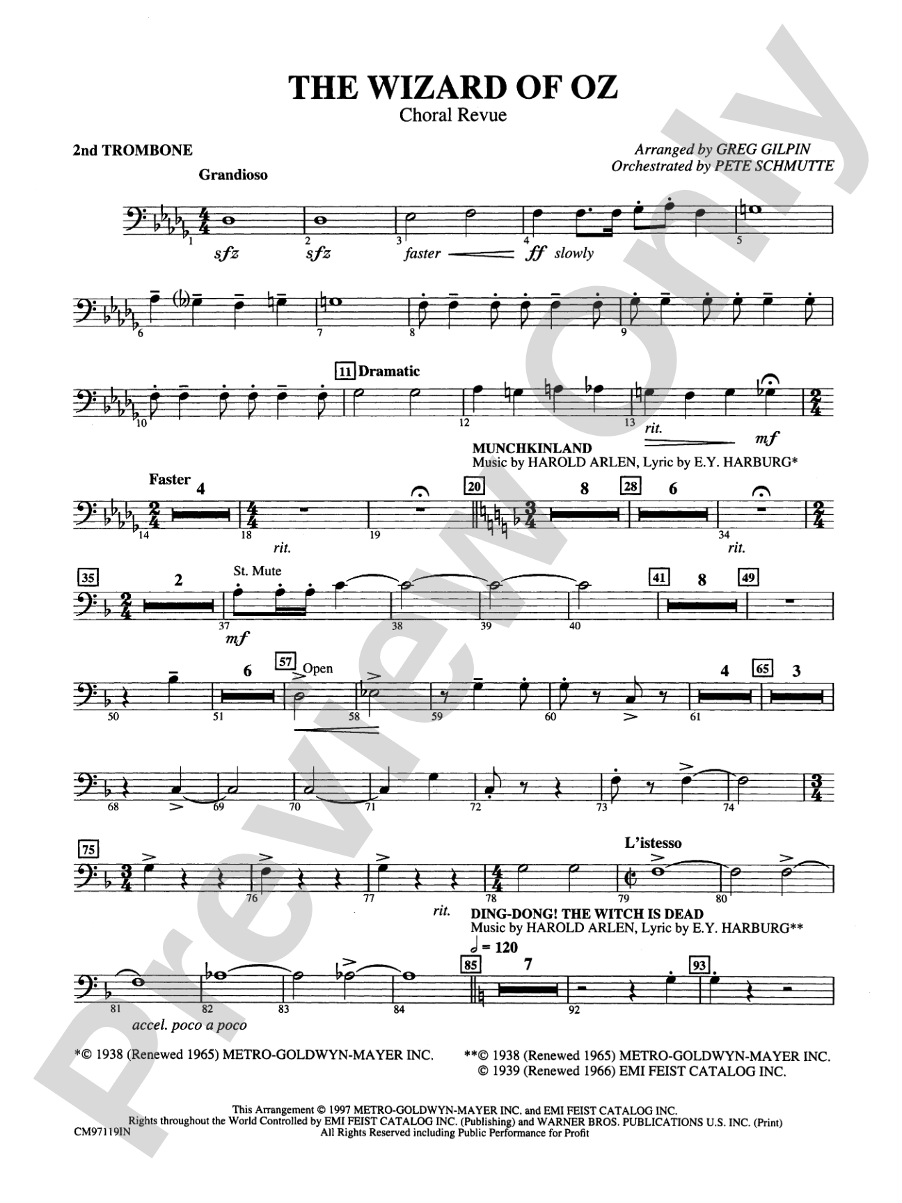 The Wizard of Oz -- Choral Revue: 2nd Trombone: Choral Octavo Orchestration - Set of Parts