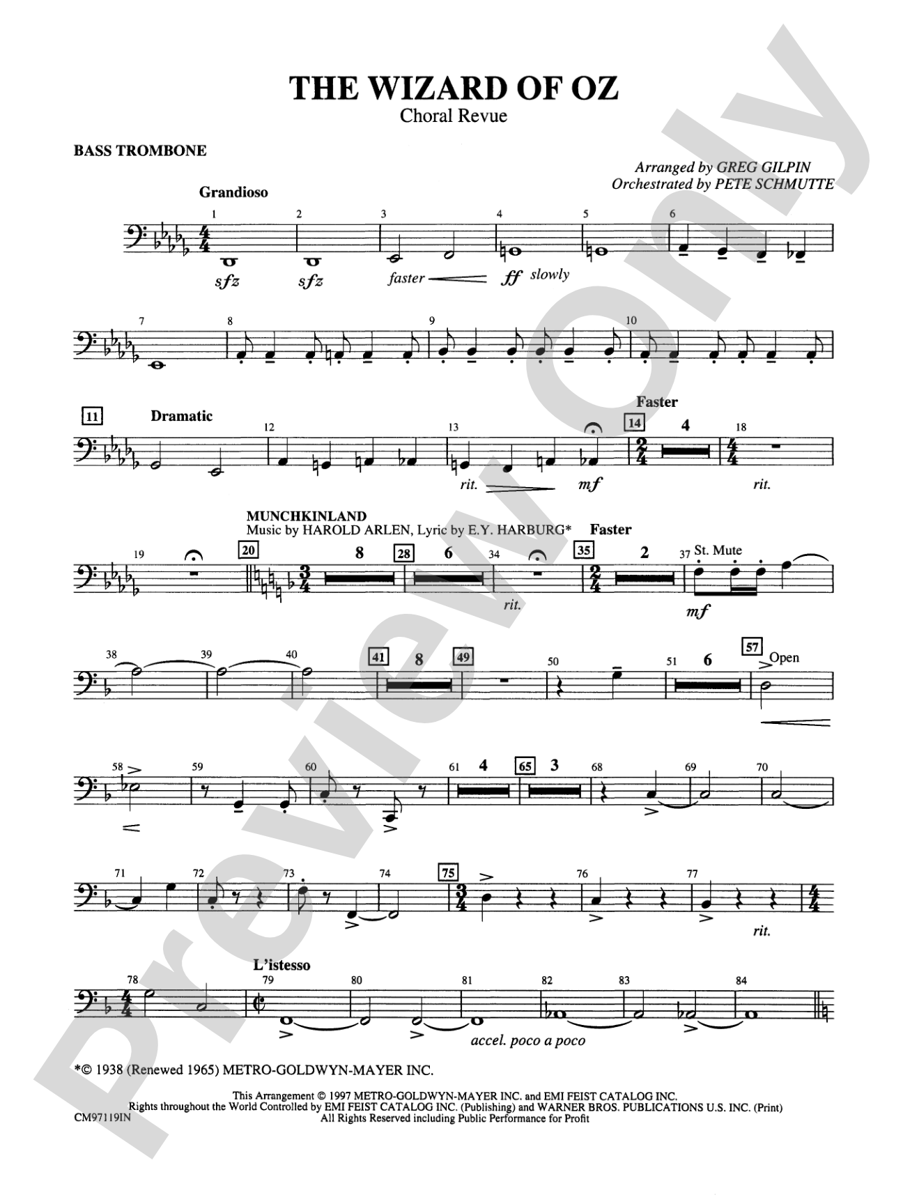The Wizard of Oz -- Choral Revue: 3rd Trombone: Choral Octavo Orchestration - Set of Parts