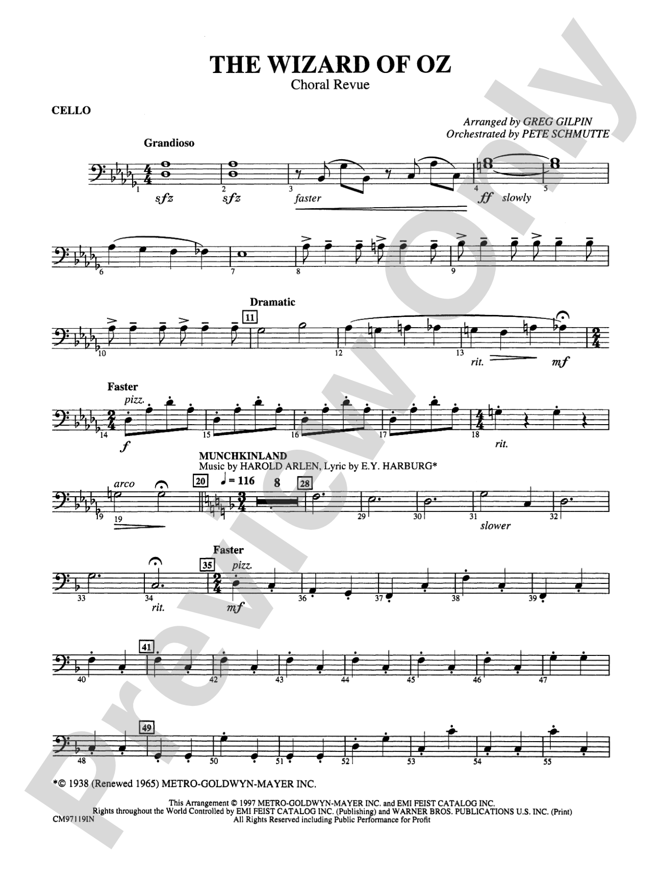 The Wizard of Oz -- Choral Revue: Cello: Choral Octavo Orchestration - Set of Parts