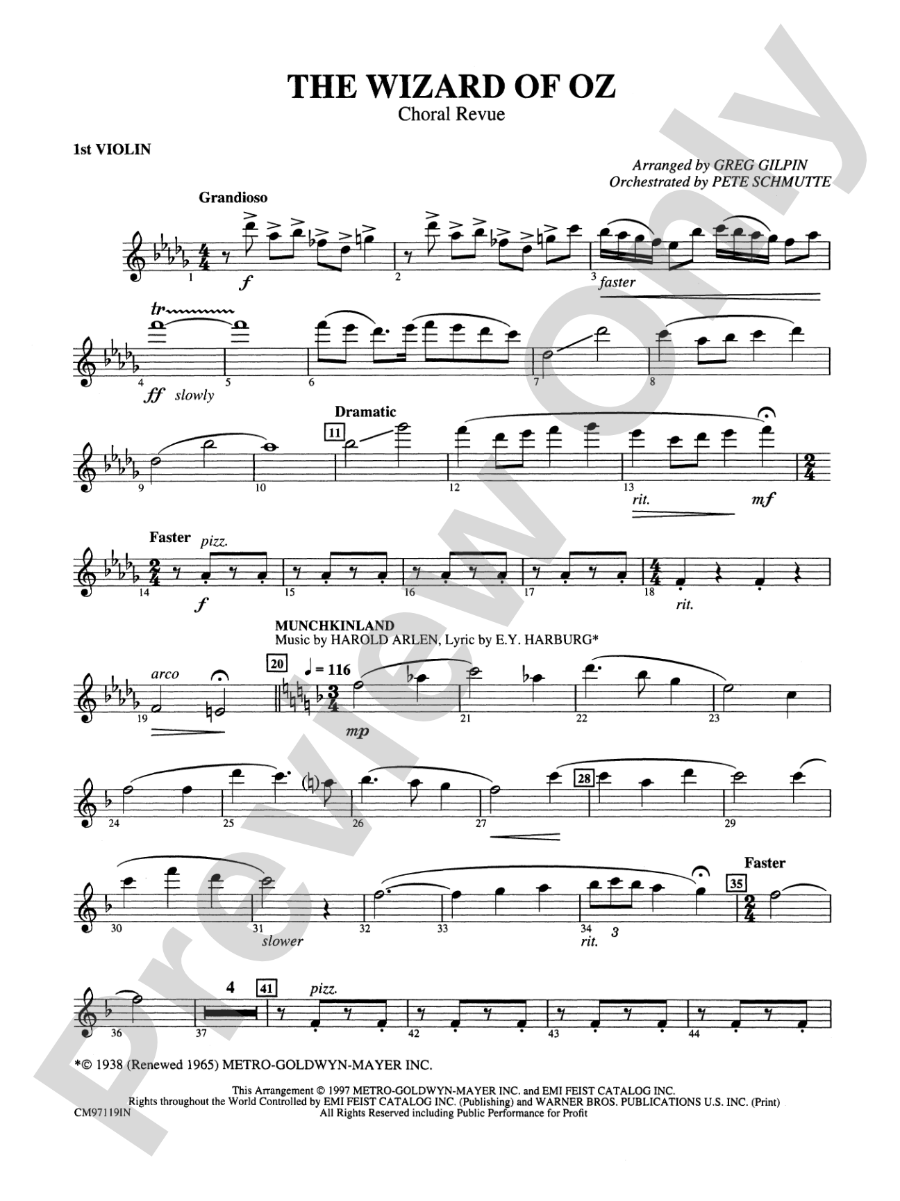 The Wizard of Oz -- Choral Revue: 1st Violin: Choral Octavo Orchestration - Set of Parts