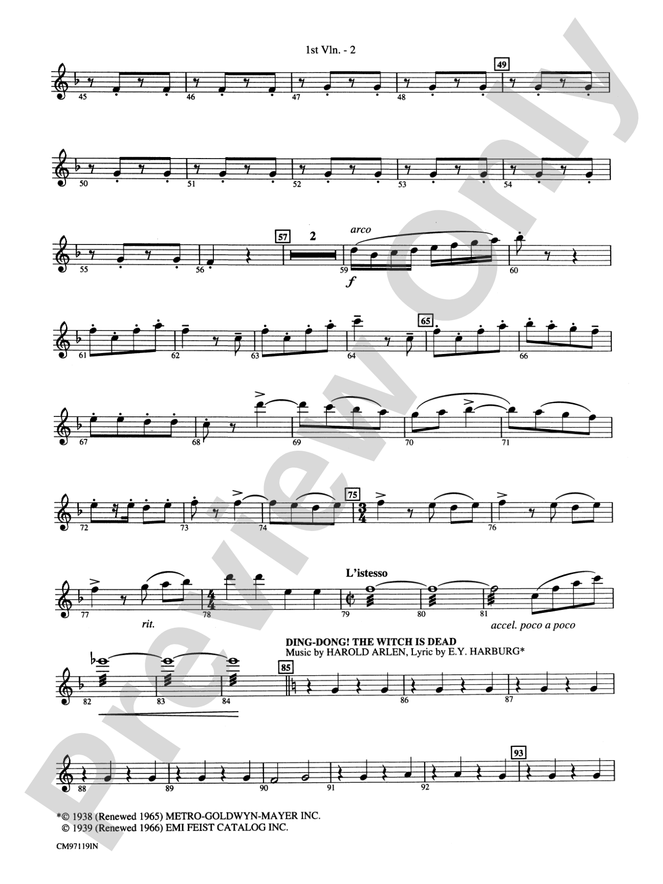 The Wizard of Oz -- Choral Revue: 1st Violin: Choral Octavo Orchestration - Set of Parts
