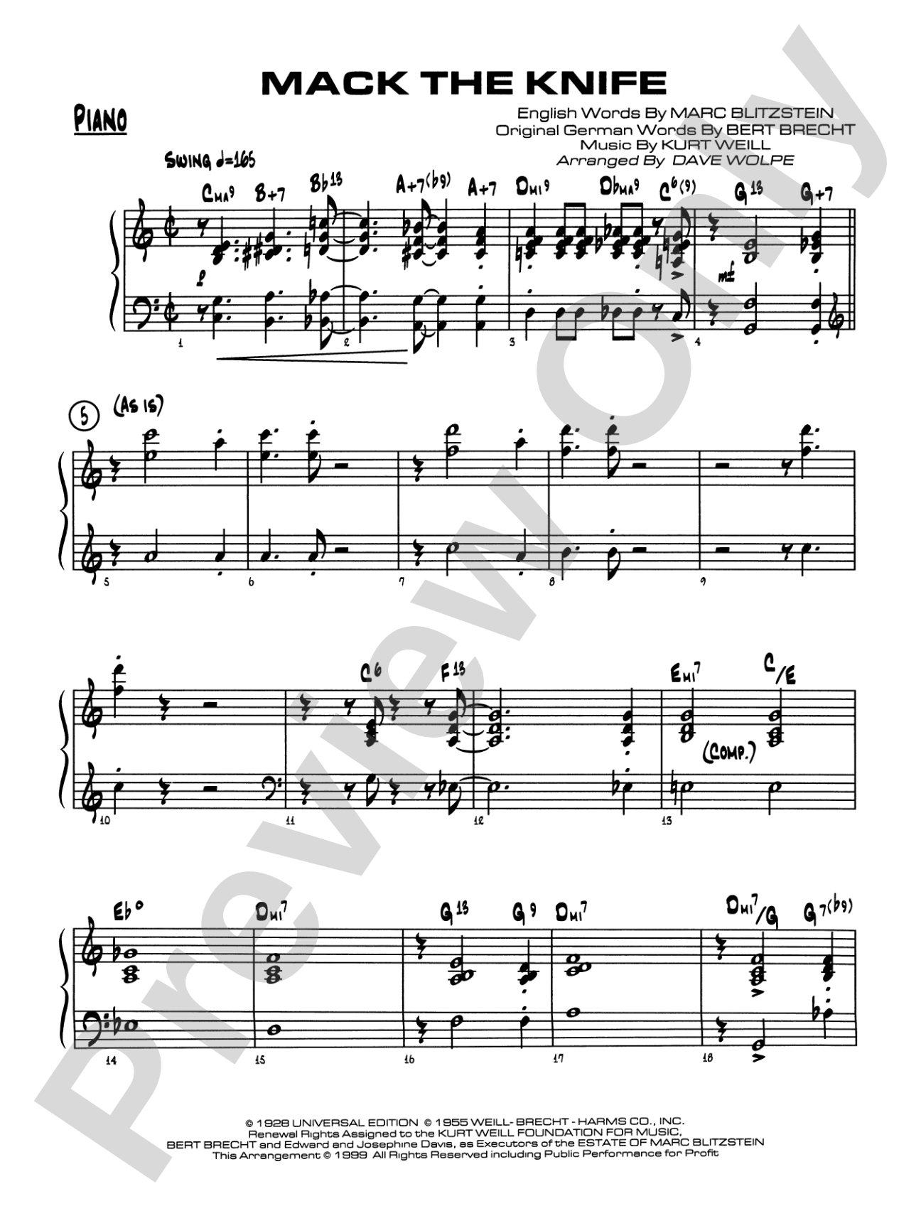 Mack the Knife (from The Threepenny Opera): Piano Accompaniment