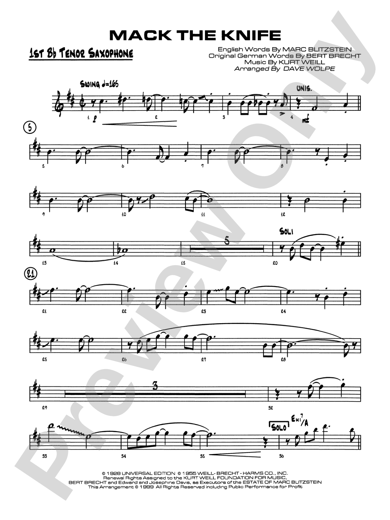 Mack the Knife (from The Threepenny Opera): B-flat Tenor Saxophone