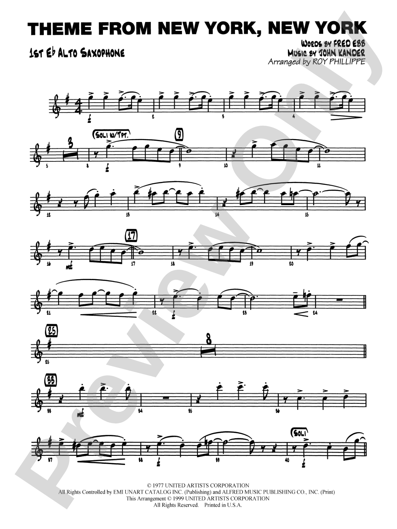 New York, New York, Theme from: E-flat Alto Saxophone