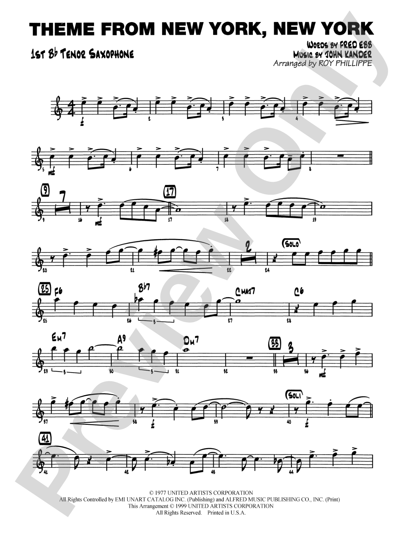 New York, New York, Theme from: B-flat Tenor Saxophone