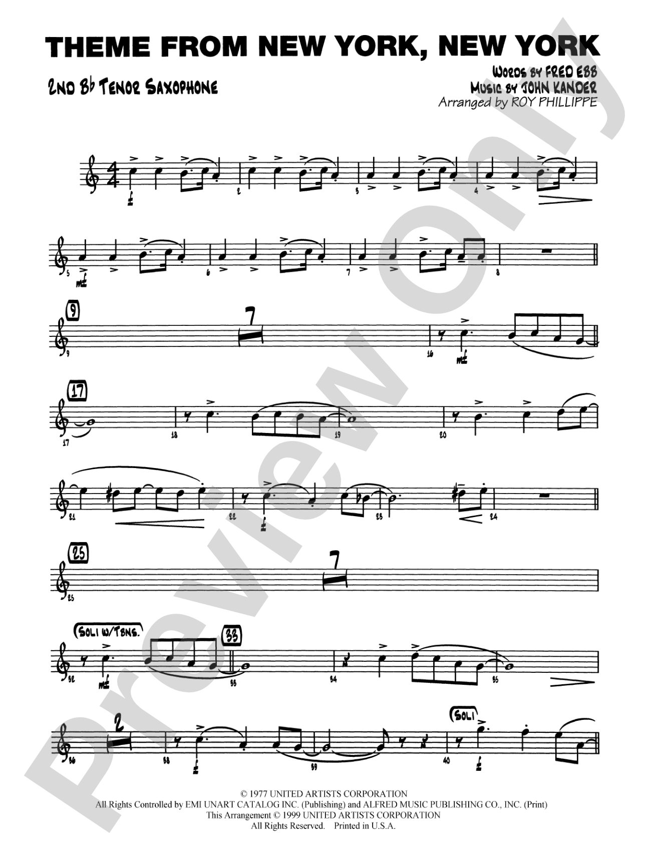 New York, New York, Theme from: 2nd B-flat Tenor Saxophone